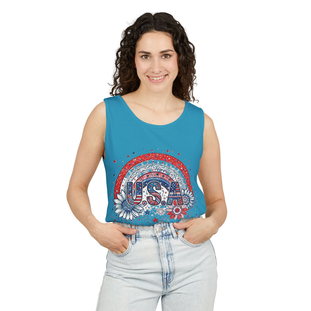 USA Rainbow Floral Tank Top — Patriotic 4th of July Sleeveless Tee