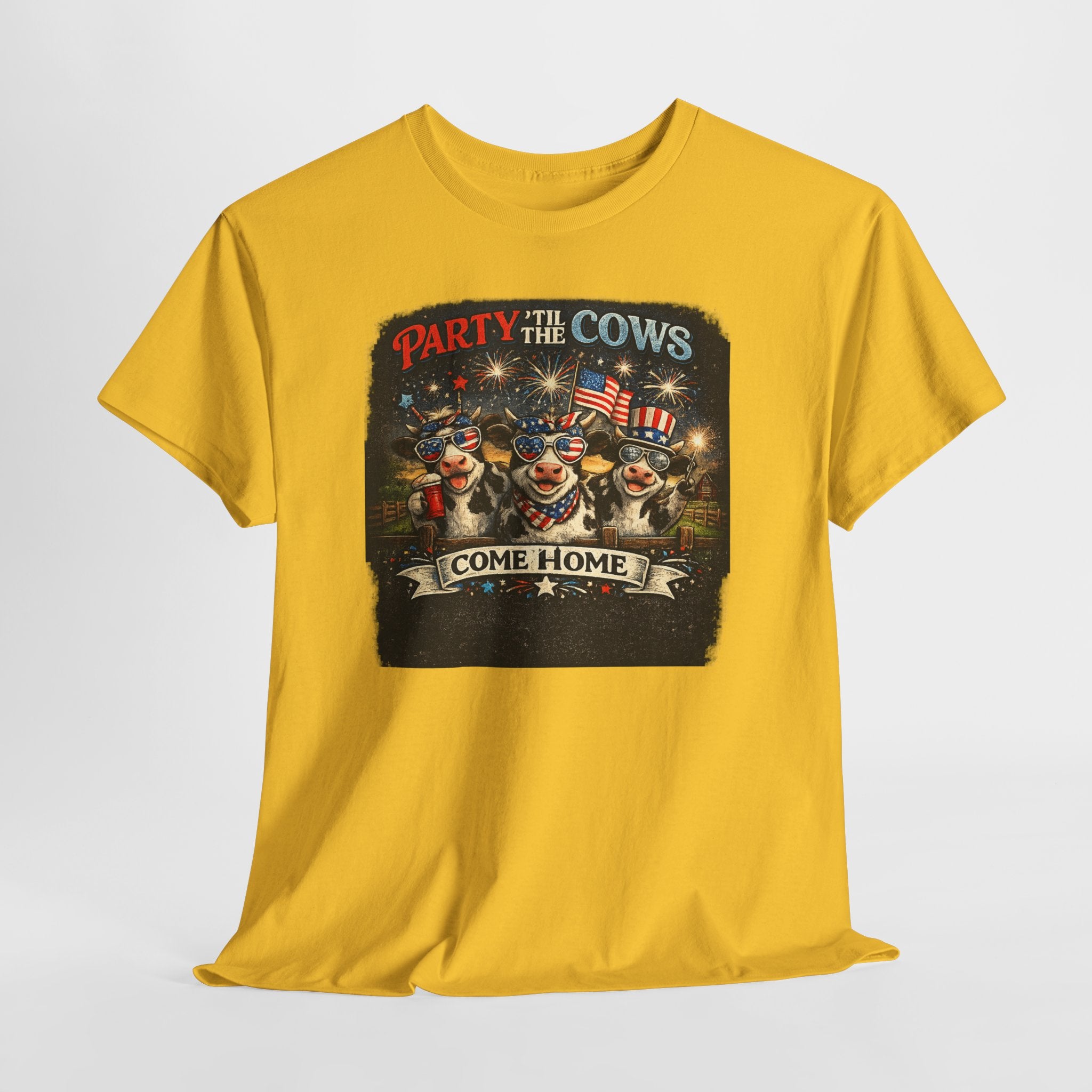 Independence Day 'Party 'Til the Cows Come Home' T-Shirt — Fireworks & Cow Graphic
