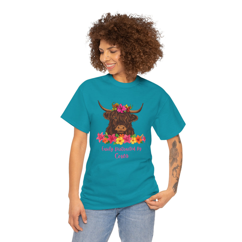 Cow Mom Floral Tee — 'Easily Distracted By Cows' Highland Cow Graphic Shirt