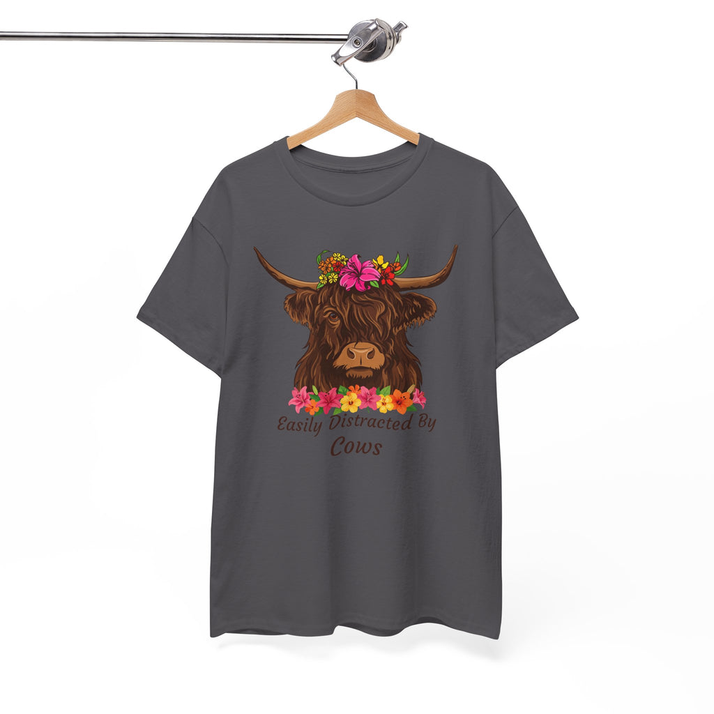 Highland Cow Floral Tee — "Easily Distracted by Cows" Cute Cow Graphic T-Shirt