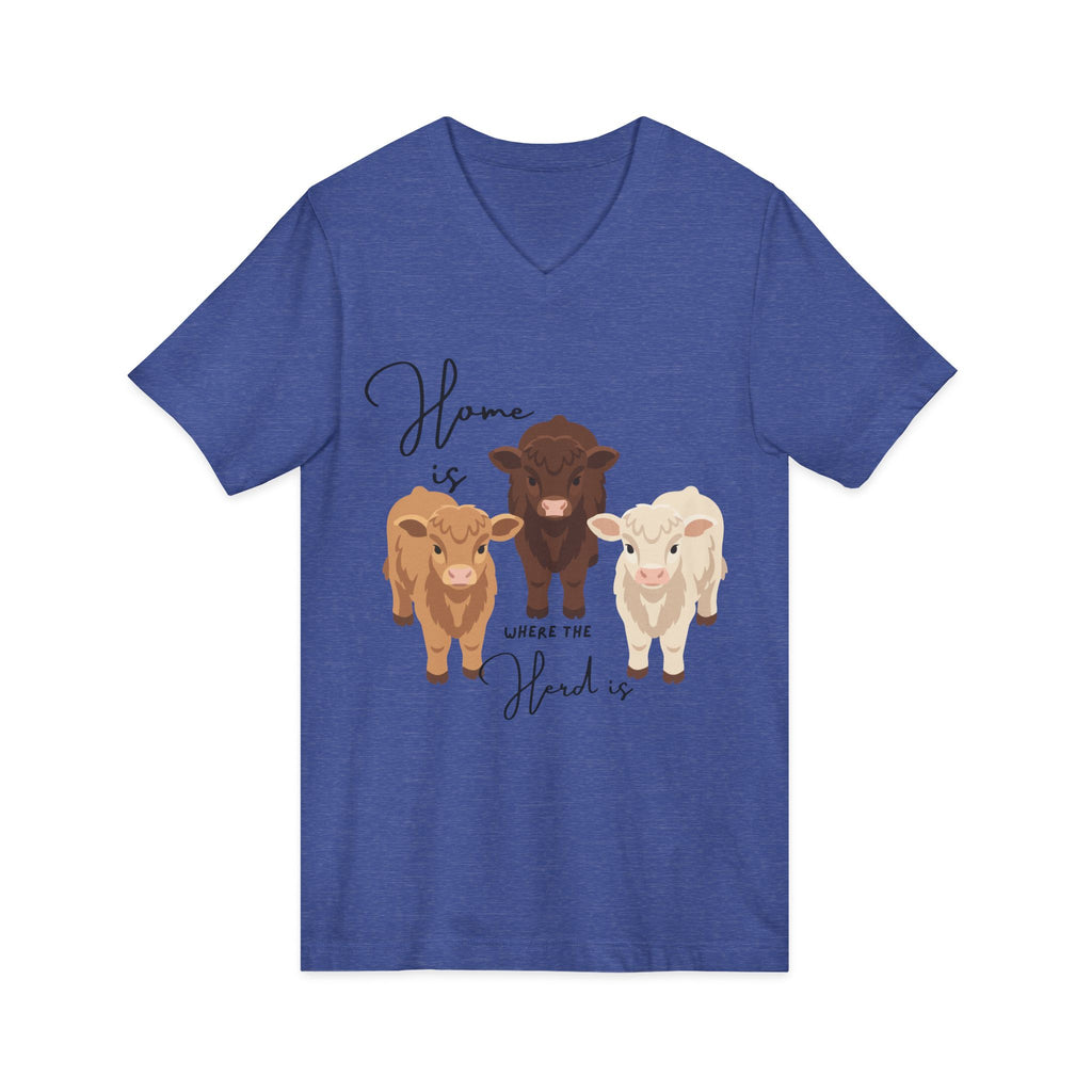 Cow Trio V-Neck Tee — "Home is Where the Herd Is" Cute Farm Animal Shirt