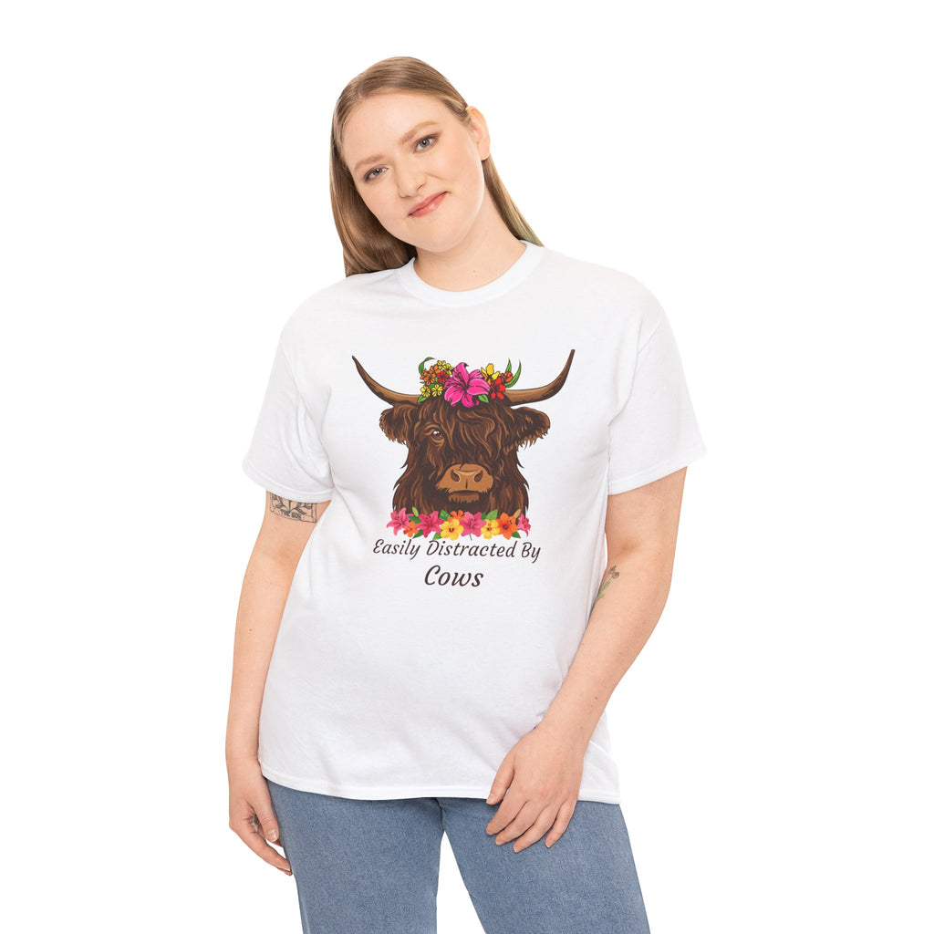 Highland Cow Floral Tee — "Easily Distracted by Cows" Cute Cow Graphic T-Shirt