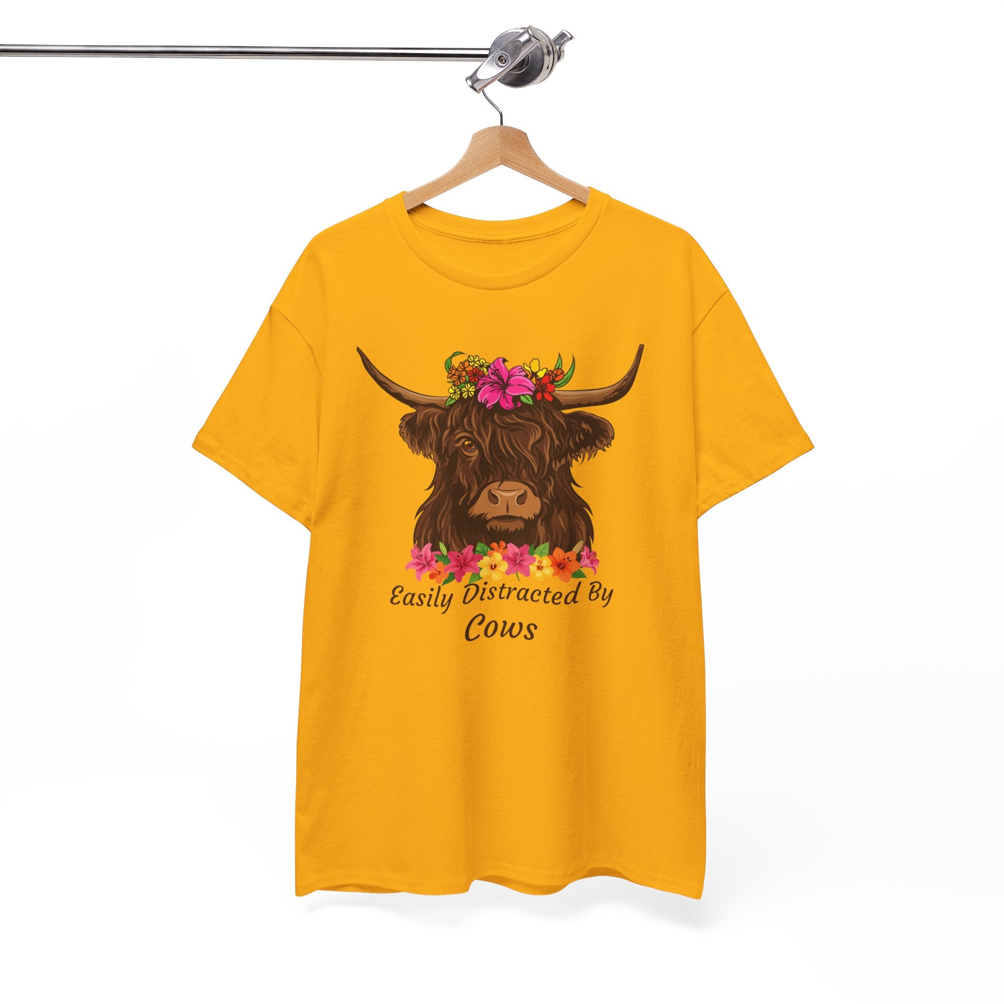Highland Cow Floral Tee — "Easily Distracted by Cows" Cute Cow Graphic T-Shirt