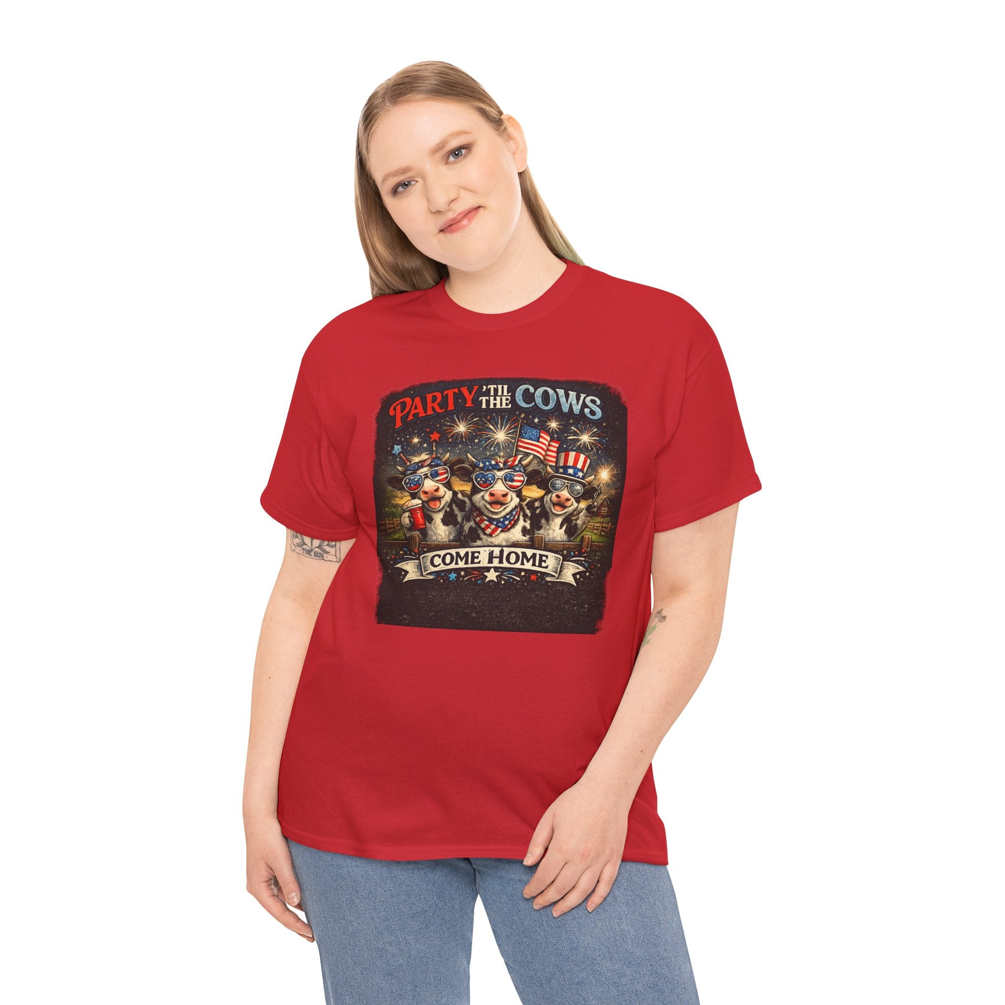 Independence Day 'Party 'Til the Cows Come Home' T-Shirt — Fireworks & Cow Graphic