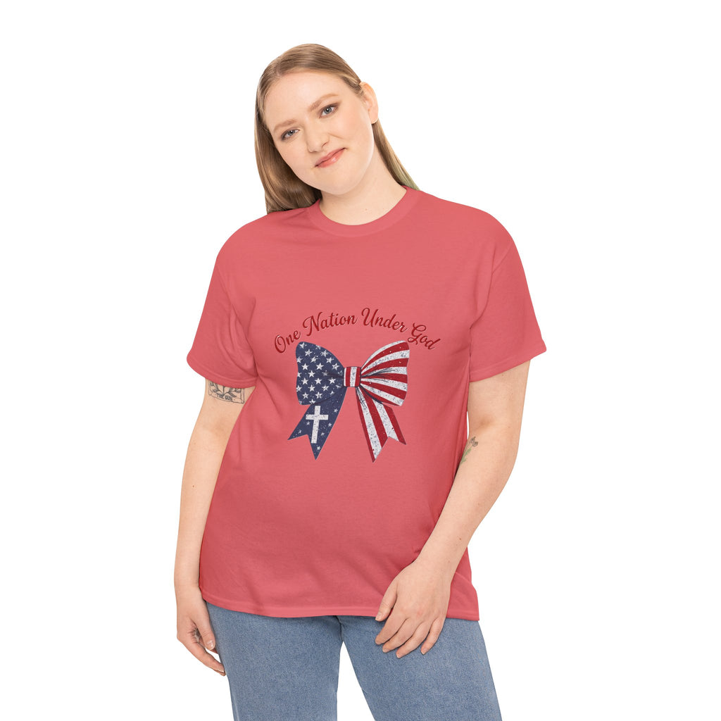Patriotic Bow Tee — "One Nation Under God" American Flag Cross T-Shirt