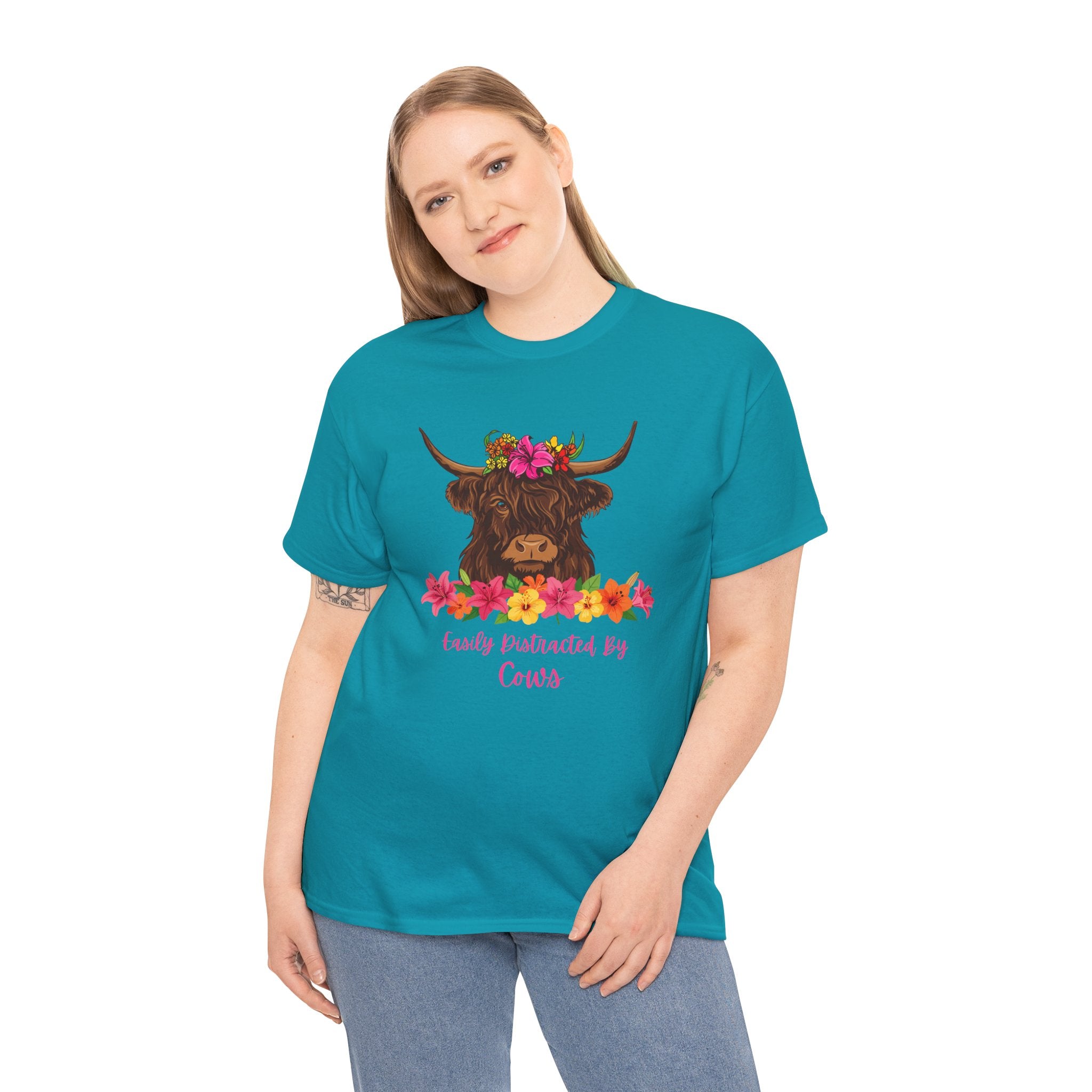 Cow Mom Floral Tee — 'Easily Distracted By Cows' Highland Cow Graphic Shirt