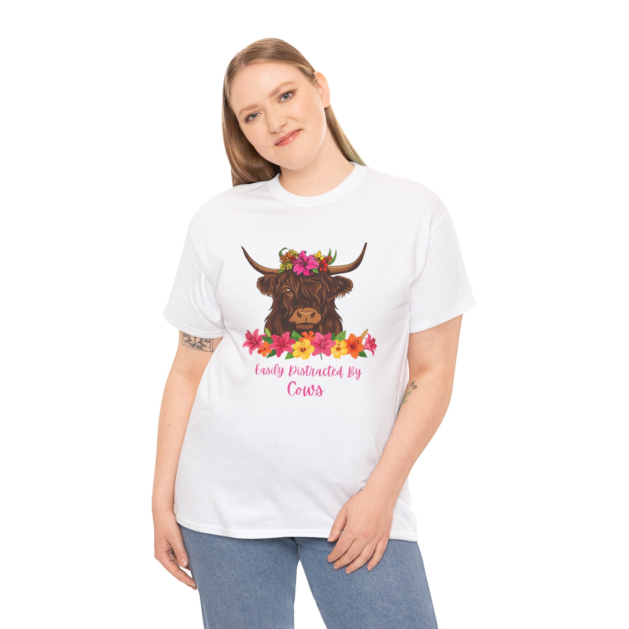 Cow Mom Floral Tee — 'Easily Distracted By Cows' Highland Cow Graphic Shirt