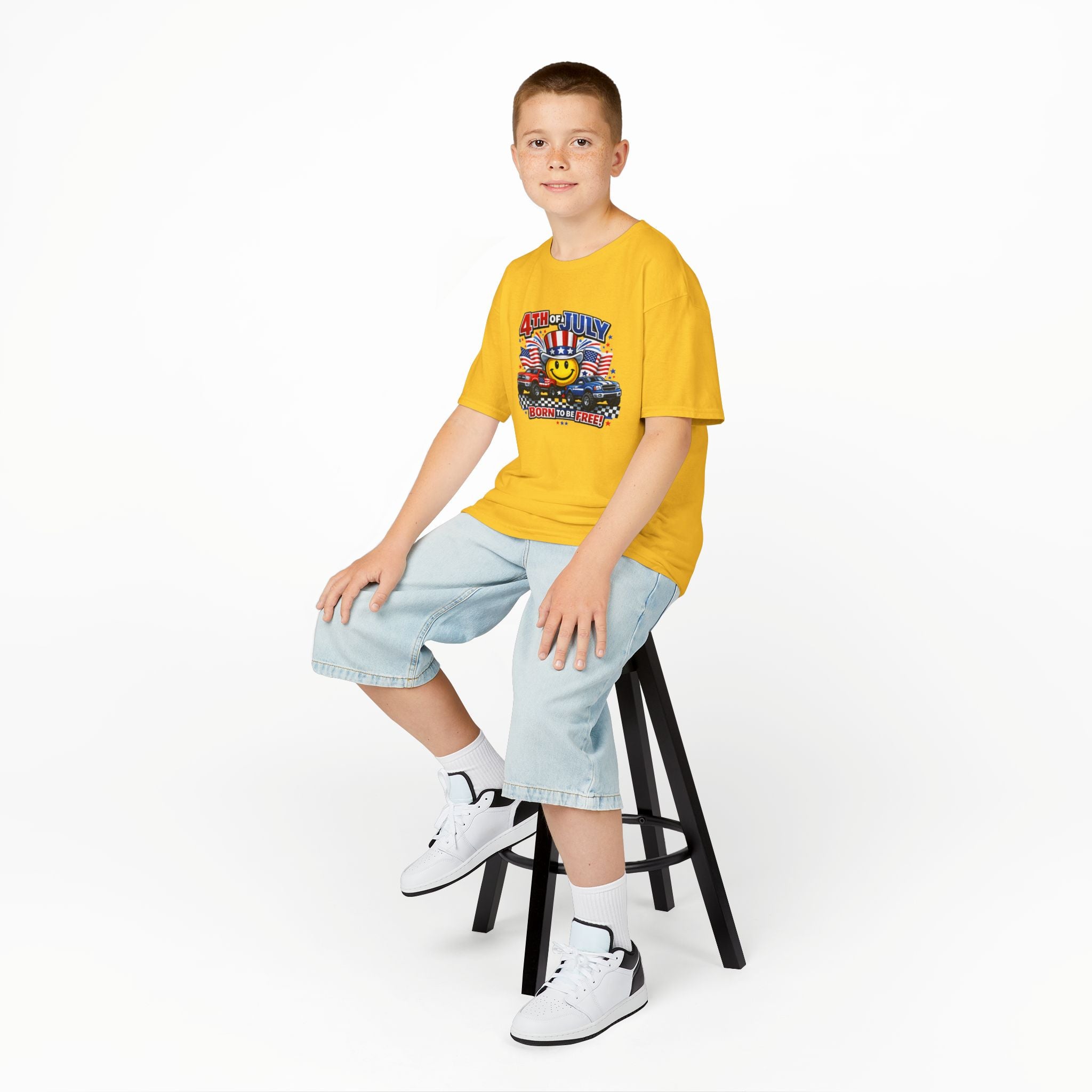 Kids Tee — 4th of July 'Born to Be Free' Smiley Flag Design