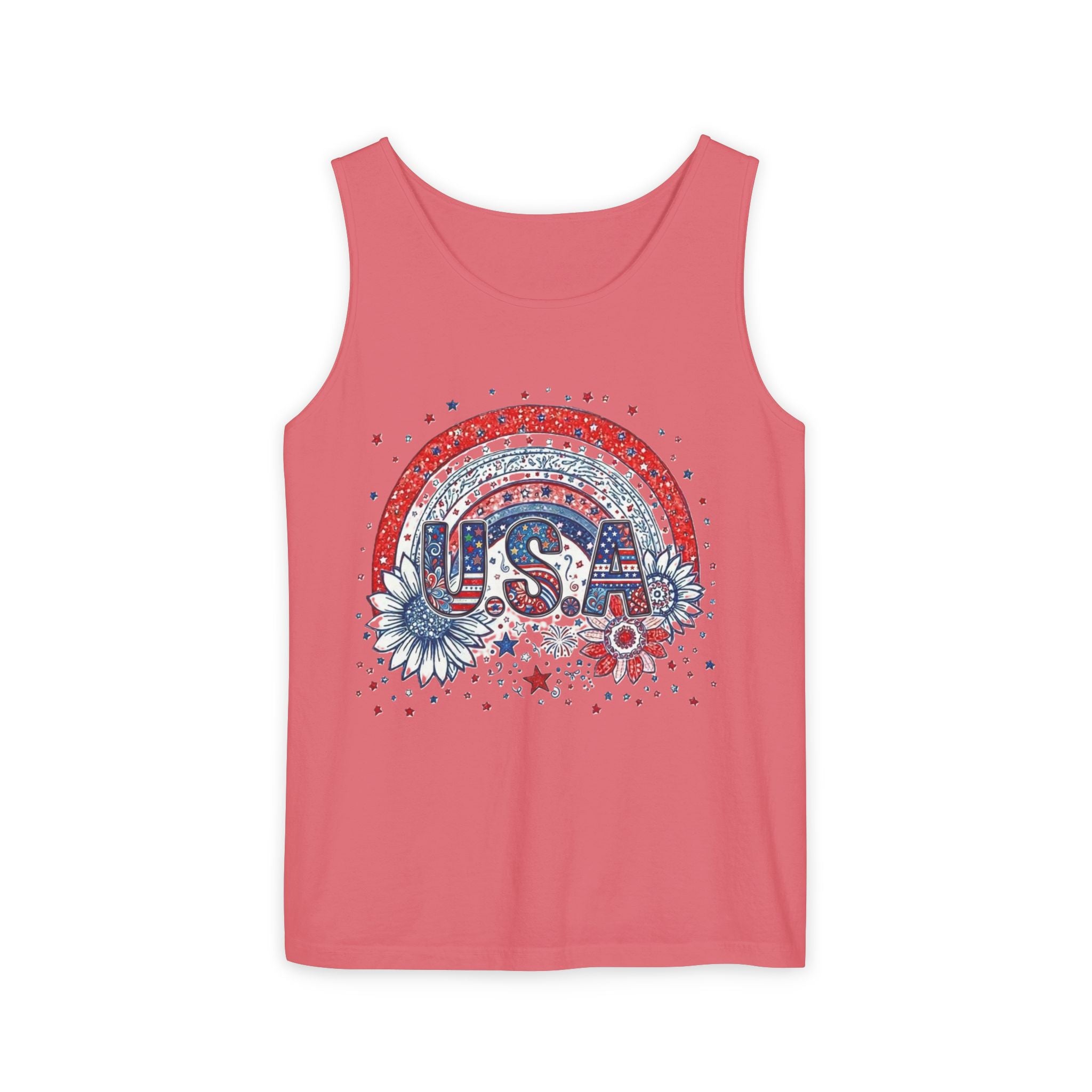 USA Rainbow Floral Tank Top — Patriotic 4th of July Sleeveless Tee