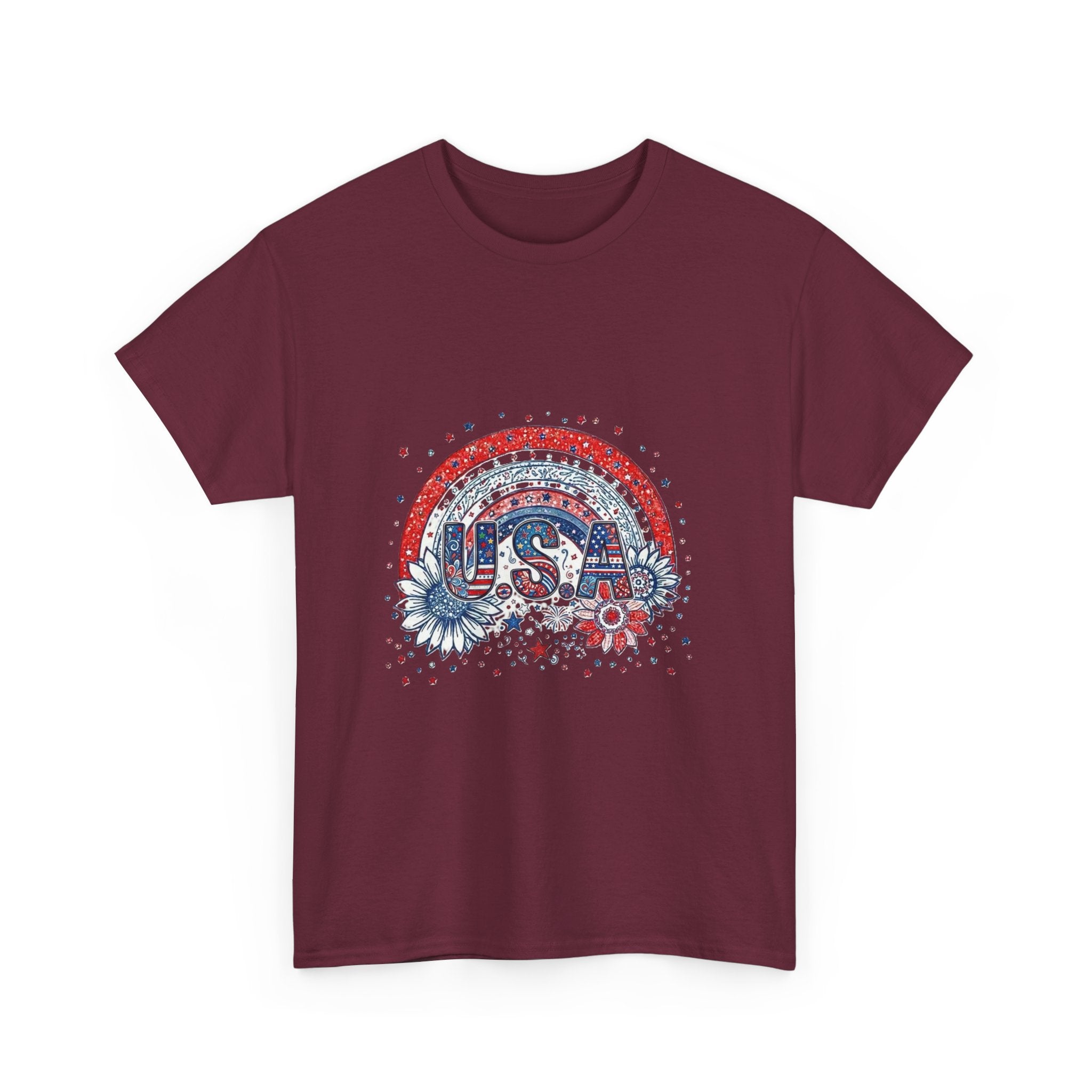USA Retro Rainbow T-Shirt — Patriotic Fourth of July Tee with Stars & Flowers
