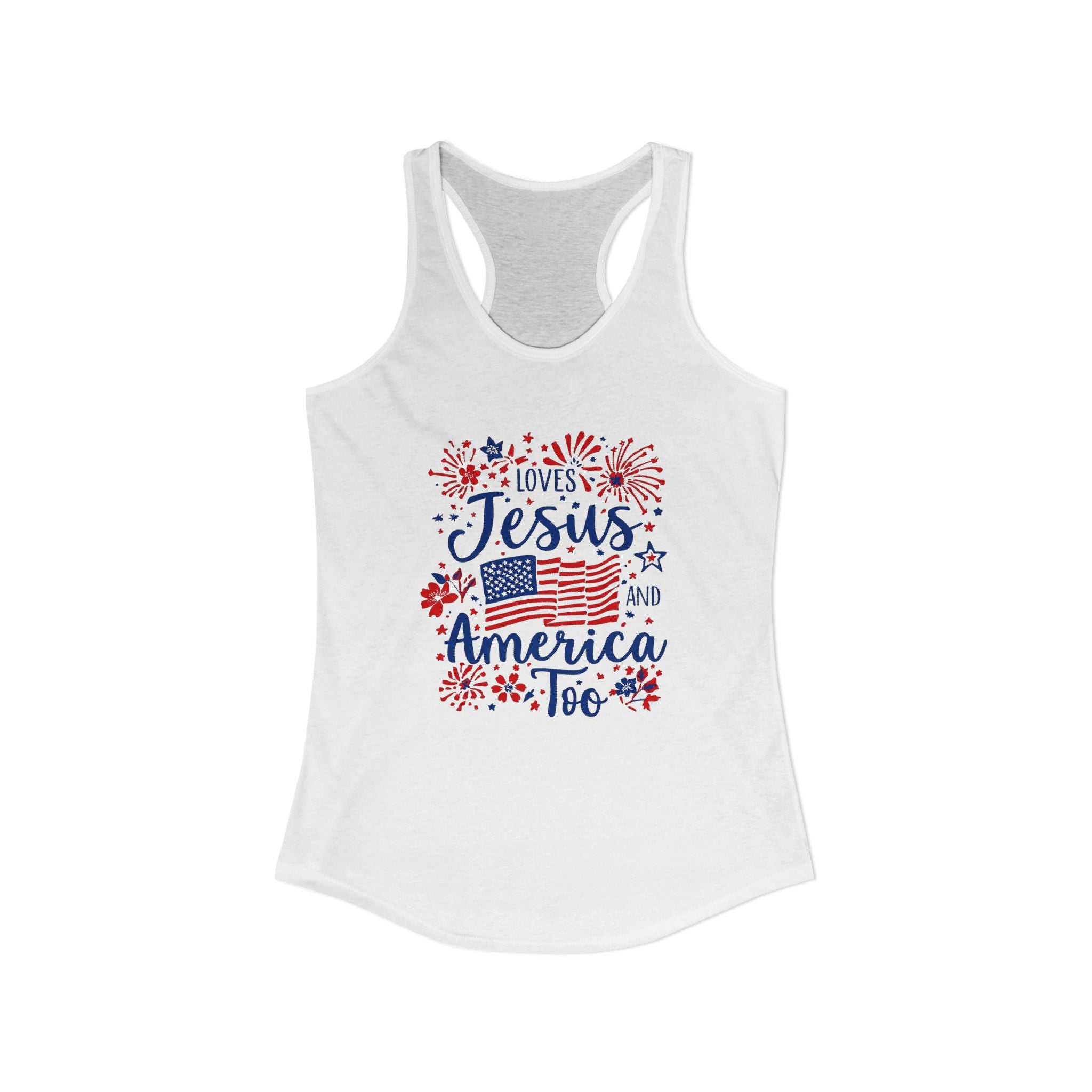 Loves Jesus and America Too Racerback Tank — Patriotic Christian Women's Tank