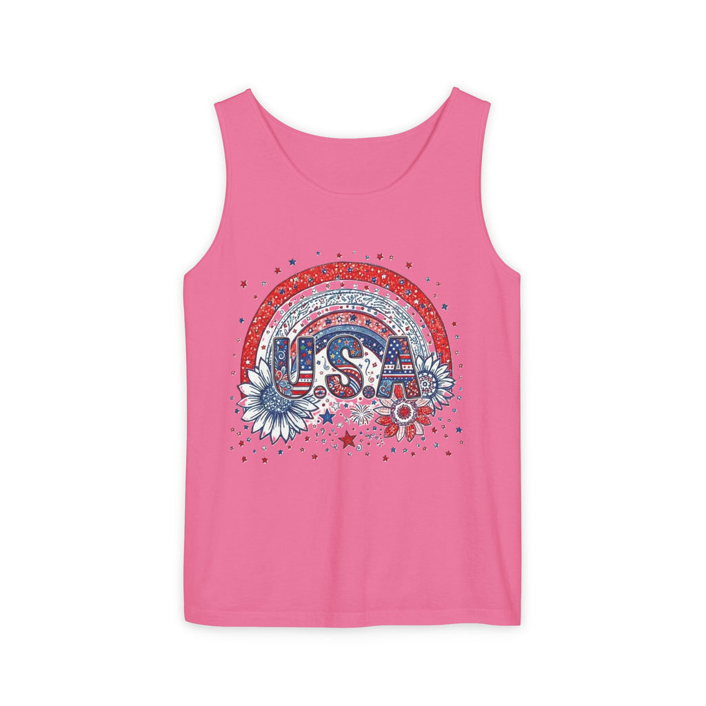 USA Rainbow Floral Tank Top — Patriotic 4th of July Sleeveless Tee