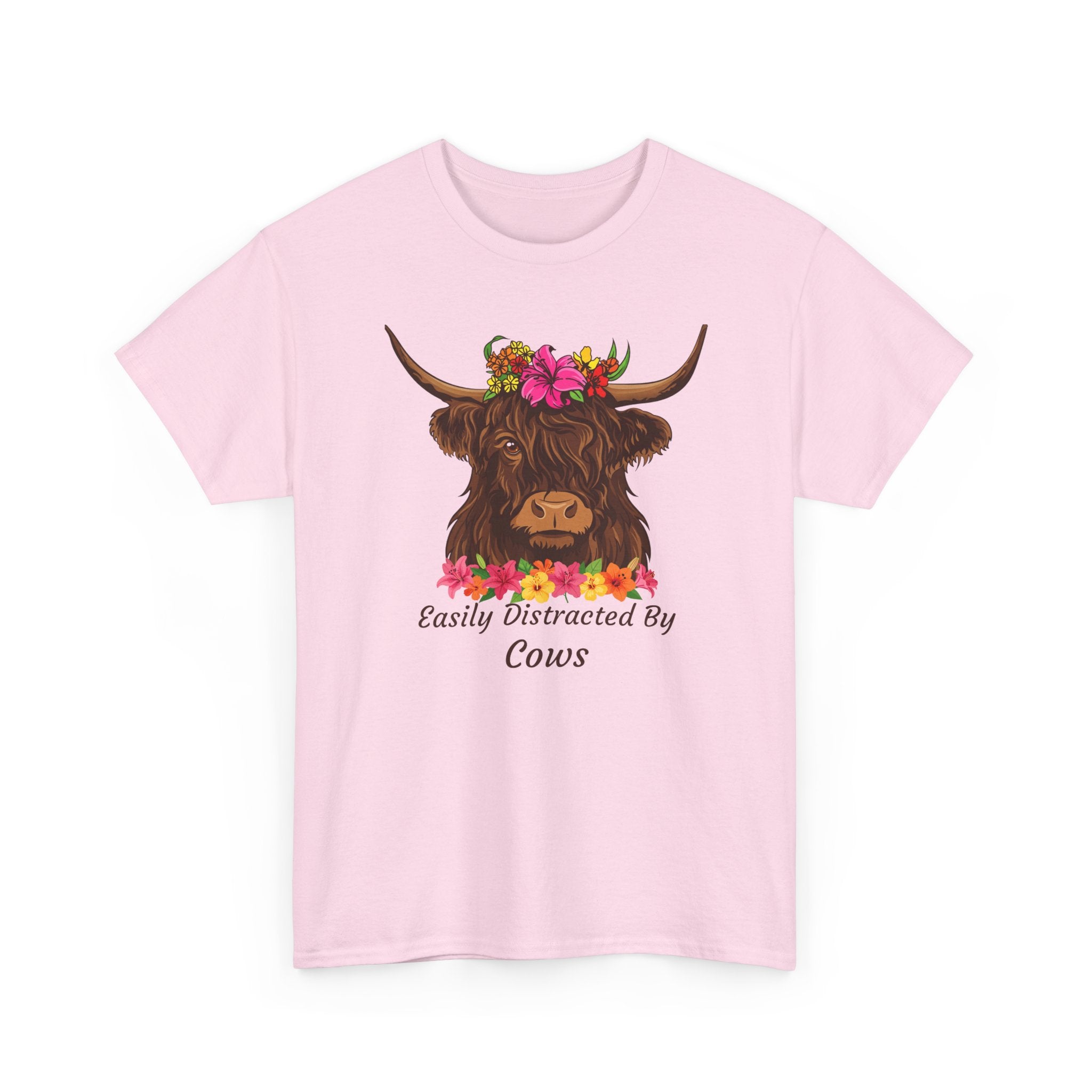 Highland Cow Floral Tee — "Easily Distracted by Cows" Cute Cow Graphic T-Shirt