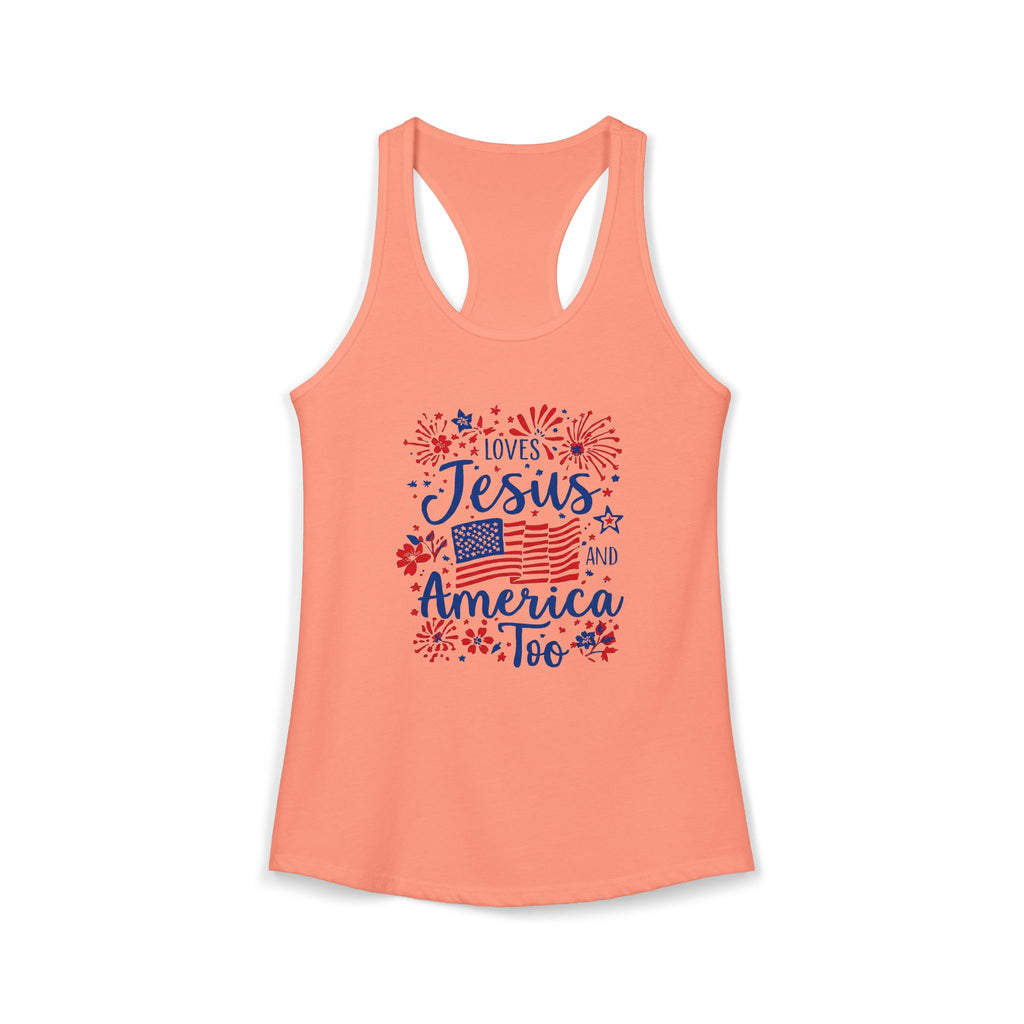 Loves Jesus and America Too Racerback Tank — Patriotic Christian Women's Tank