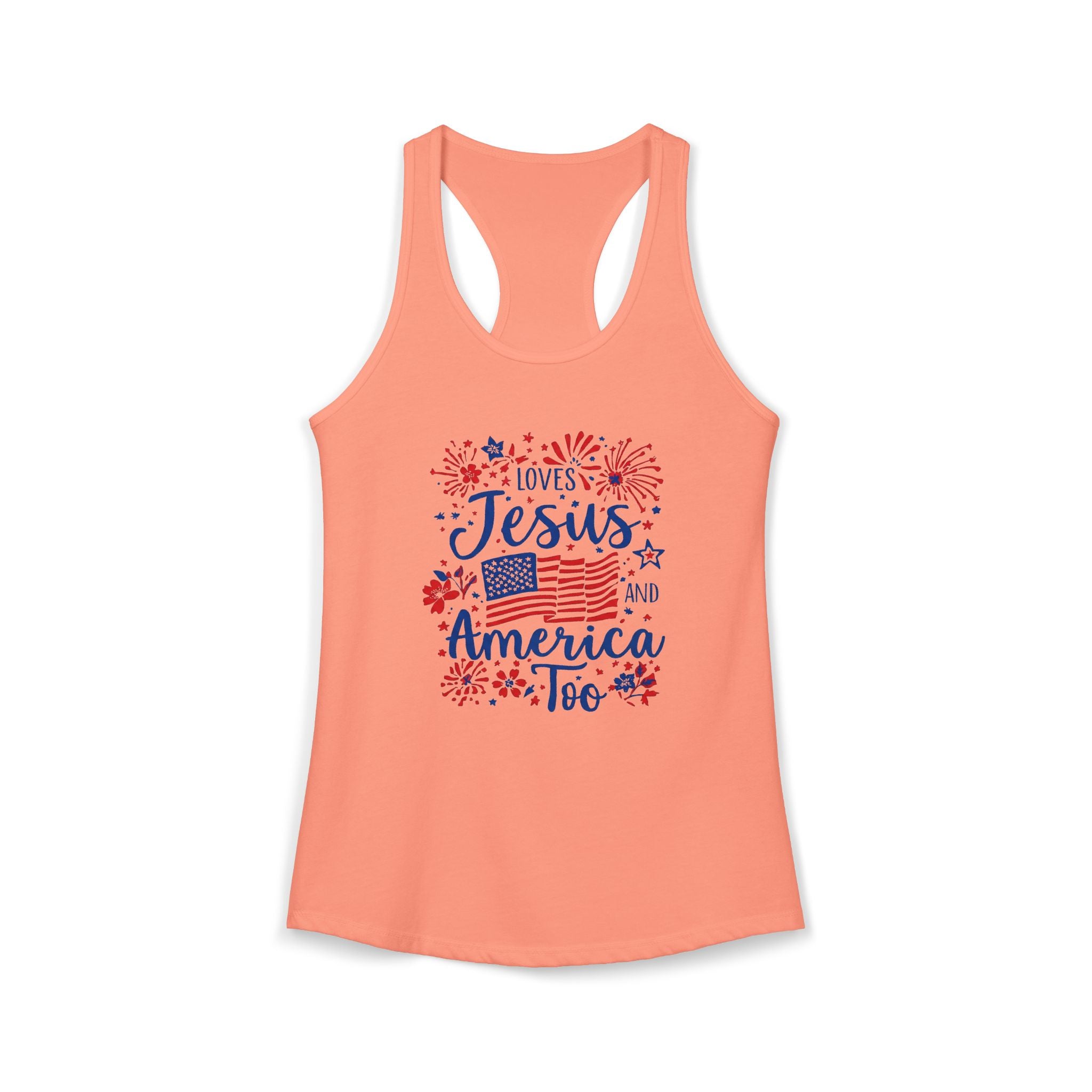 Loves Jesus and America Too Racerback Tank — Patriotic Christian Women's Tank