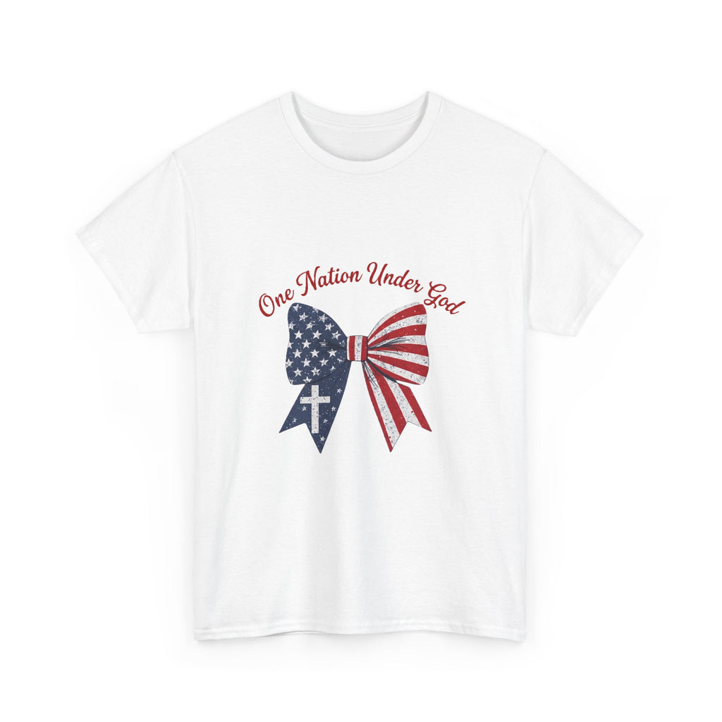 Patriotic Bow Tee — "One Nation Under God" American Flag Cross T-Shirt