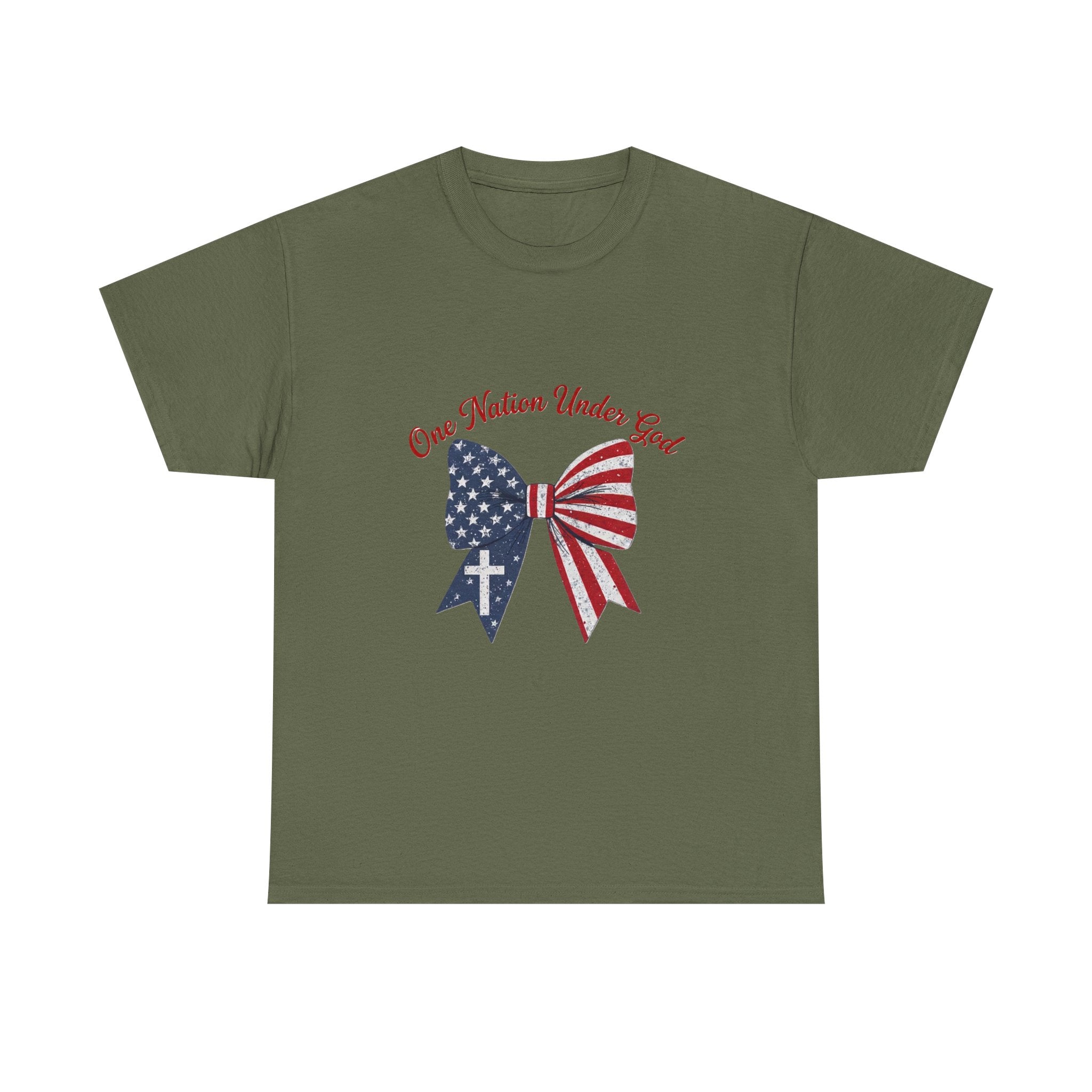 Patriotic Bow Tee — "One Nation Under God" American Flag Cross T-Shirt