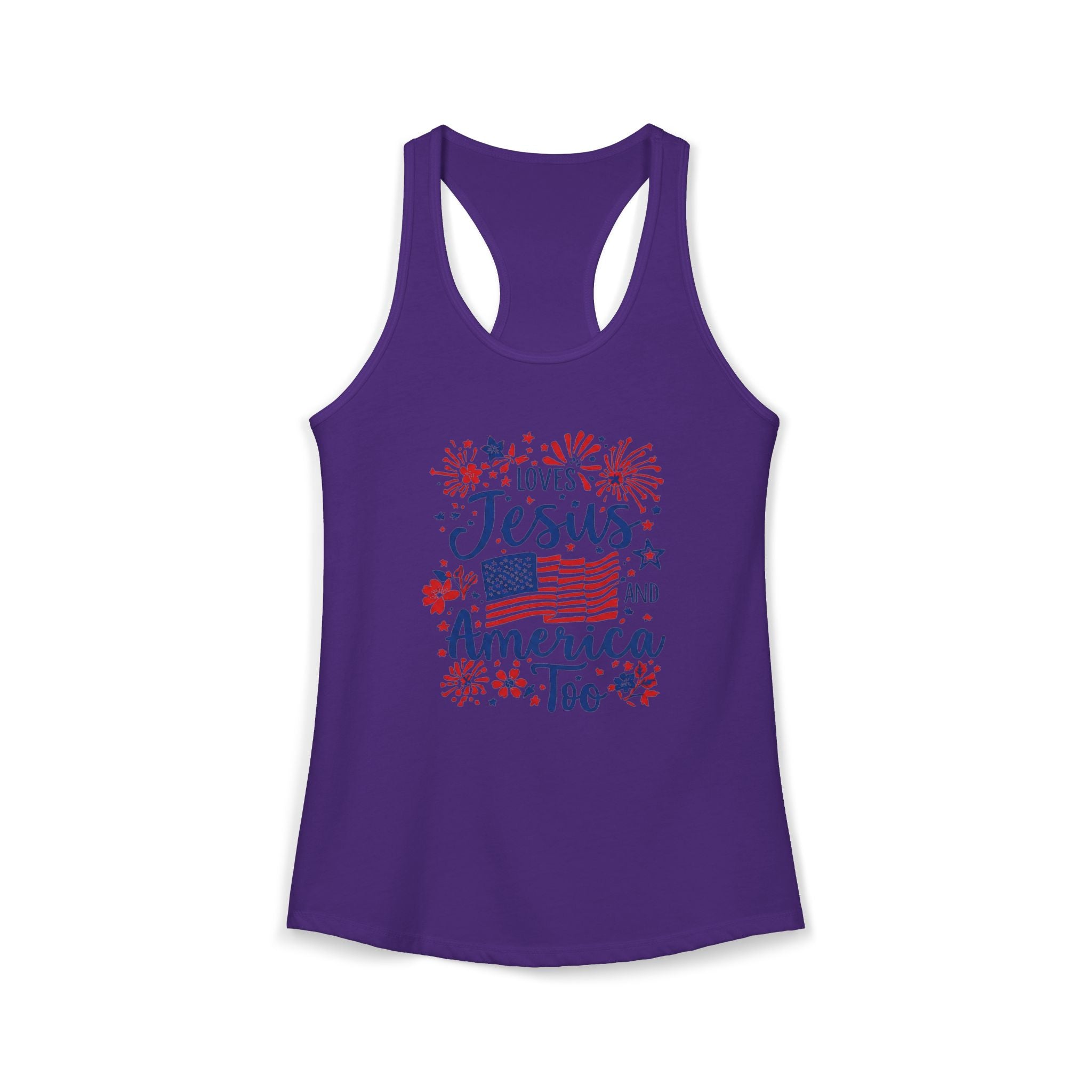 Loves Jesus and America Too Racerback Tank — Patriotic Christian Women's Tank