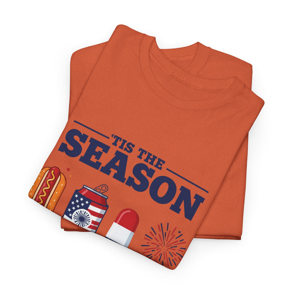 Fourth of July Tee — "'Tis the Season" Patriotic Hot Dog, Popsicle & Fireworks T-Shirt