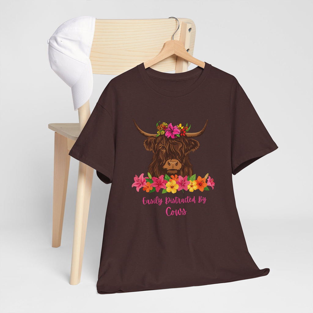 Cow Mom Floral Tee — 'Easily Distracted By Cows' Highland Cow Graphic Shirt