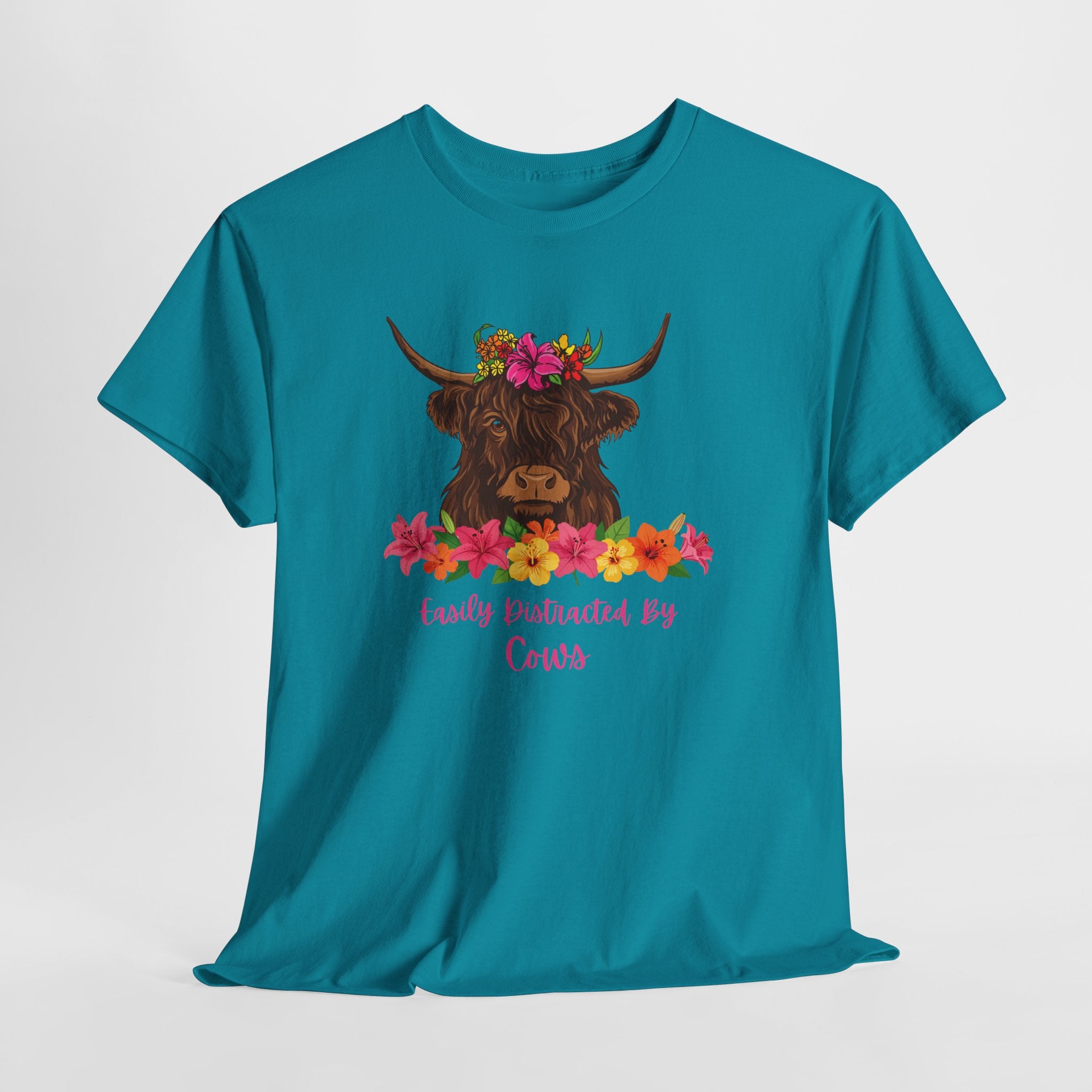 Cow Mom Floral Tee — 'Easily Distracted By Cows' Highland Cow Graphic Shirt