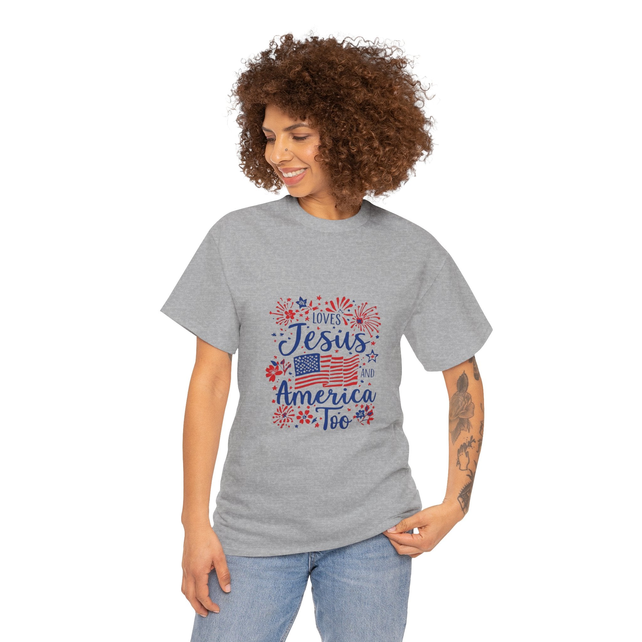 Jesus and America Tee — Patriotic Christian T-Shirt ("Loves Jesus and America Too")