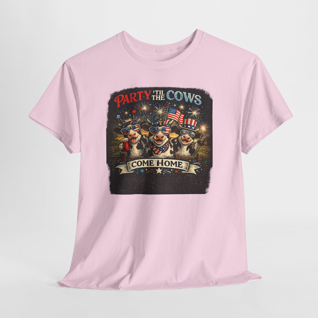 Independence Day 'Party 'Til the Cows Come Home' T-Shirt — Fireworks & Cow Graphic