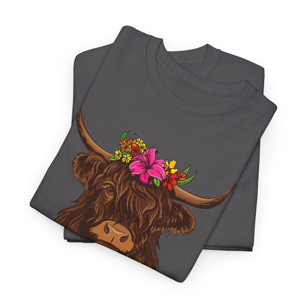 Highland Cow Floral Tee — "Easily Distracted by Cows" Cute Cow Graphic T-Shirt
