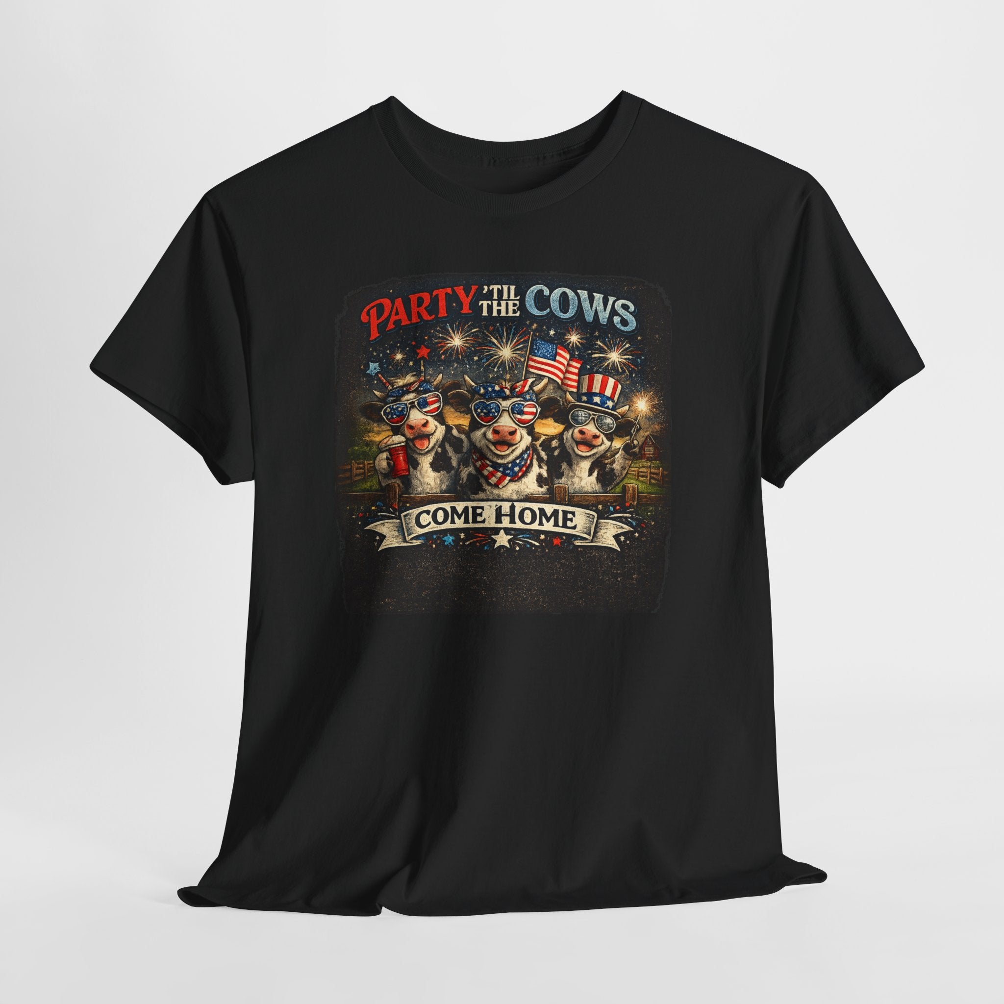 Independence Day 'Party 'Til the Cows Come Home' T-Shirt — Fireworks & Cow Graphic