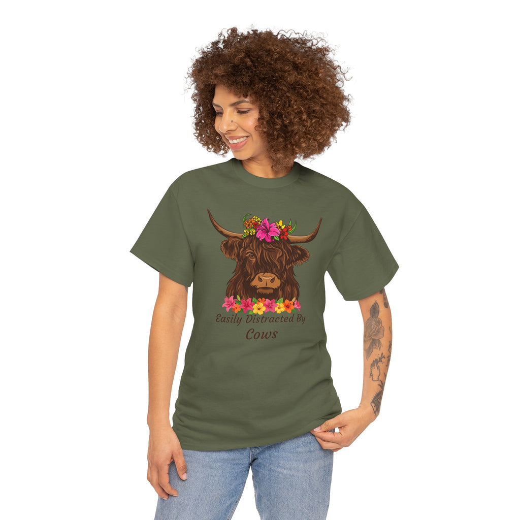 Highland Cow Floral Tee — "Easily Distracted by Cows" Cute Cow Graphic T-Shirt