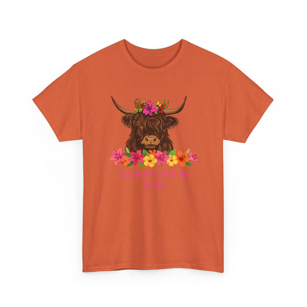 Cow Mom Floral Tee — 'Easily Distracted By Cows' Highland Cow Graphic Shirt