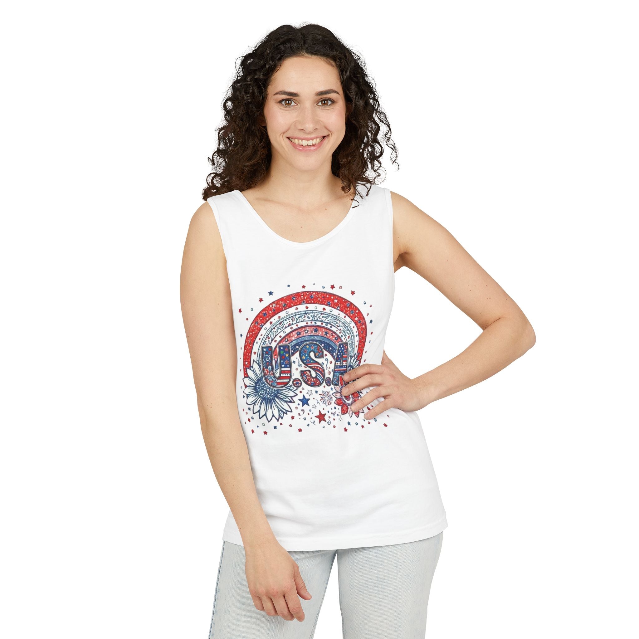 USA Rainbow Floral Tank Top — Patriotic 4th of July Sleeveless Tee