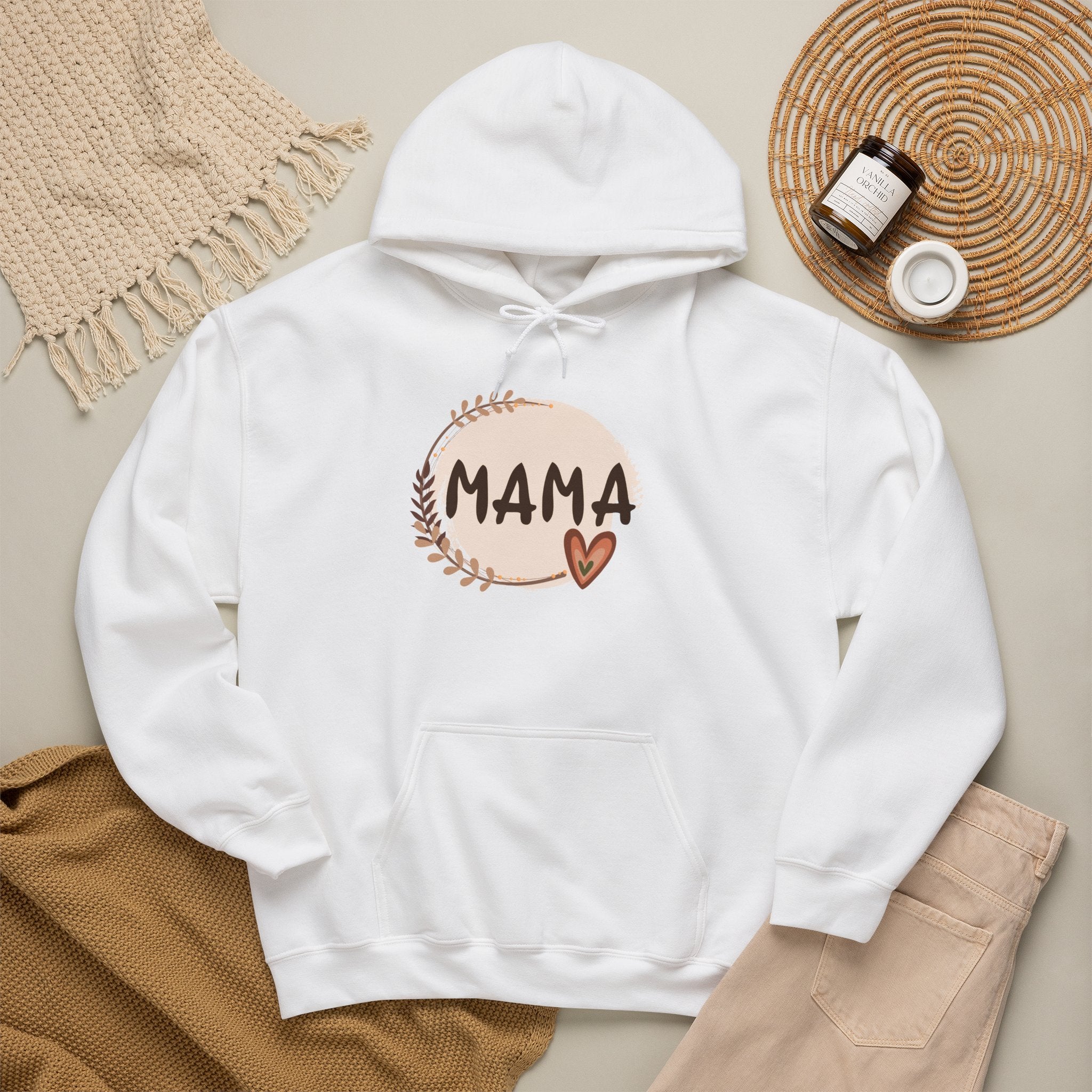 Mama Heart Hoodie — Soft Neutral Mom Sweatshirt, 'MAMA' Script with Heart & Wreath (Mother’s Day Gift)