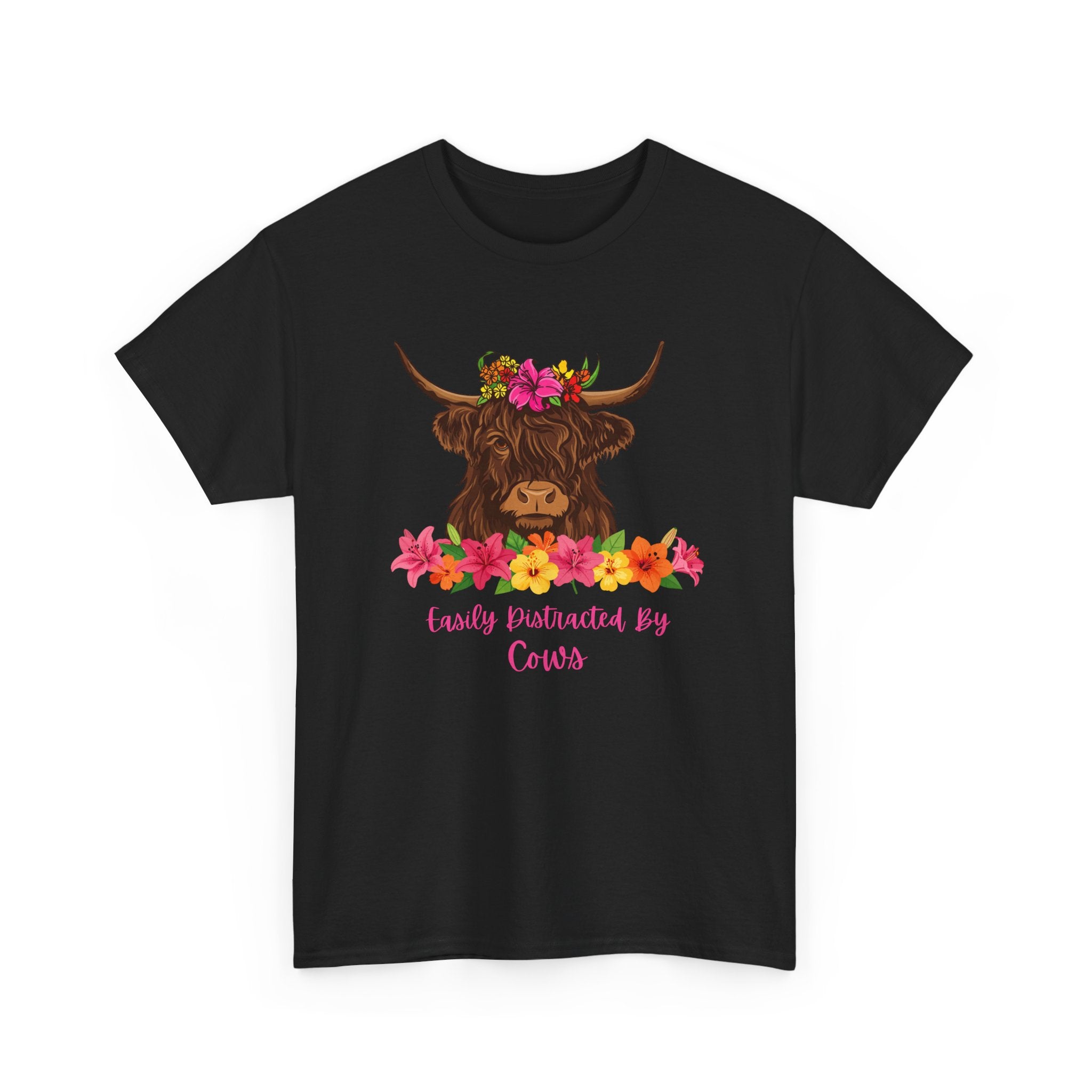 Cow Mom Floral Tee — 'Easily Distracted By Cows' Highland Cow Graphic Shirt