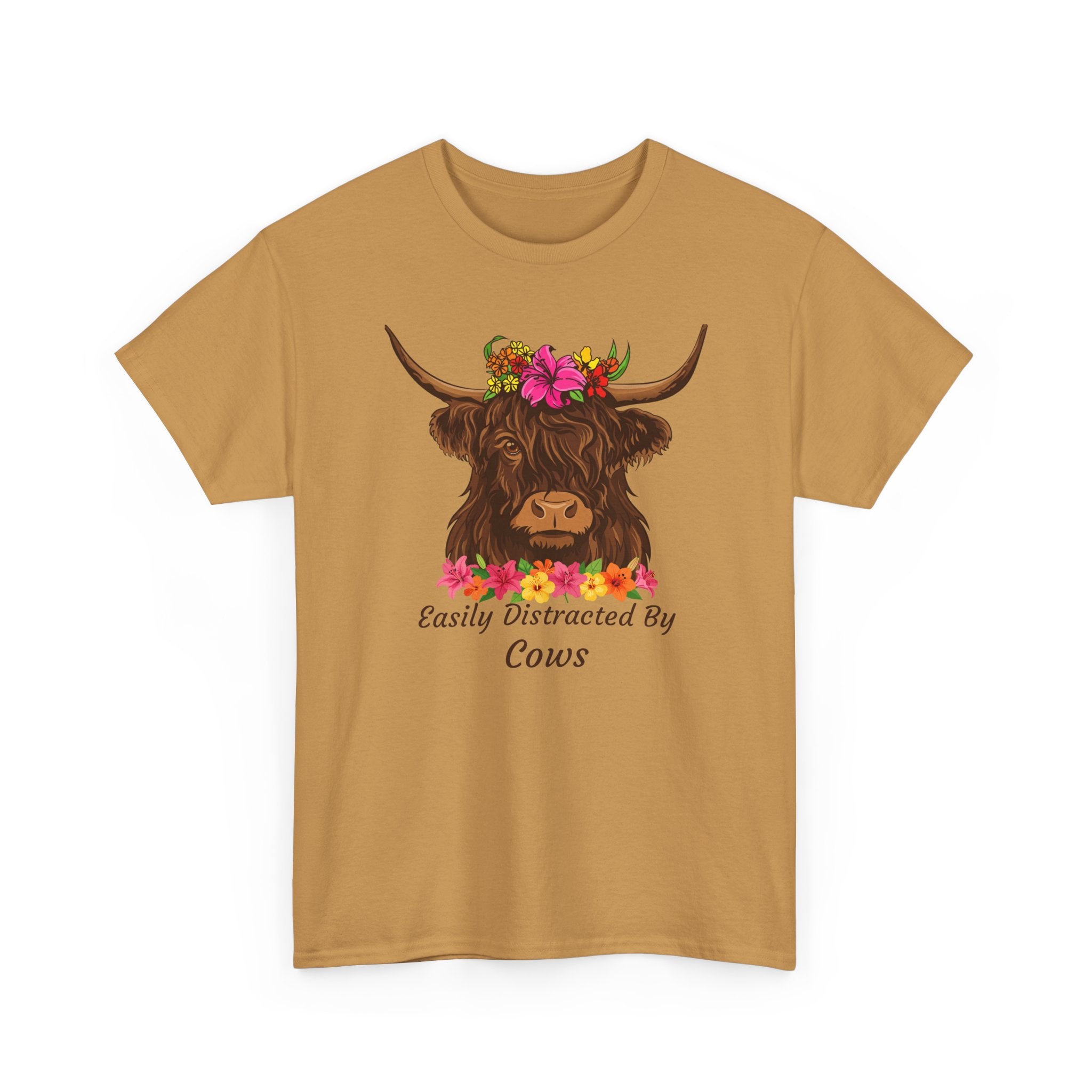 Highland Cow Floral Tee — "Easily Distracted by Cows" Cute Cow Graphic T-Shirt