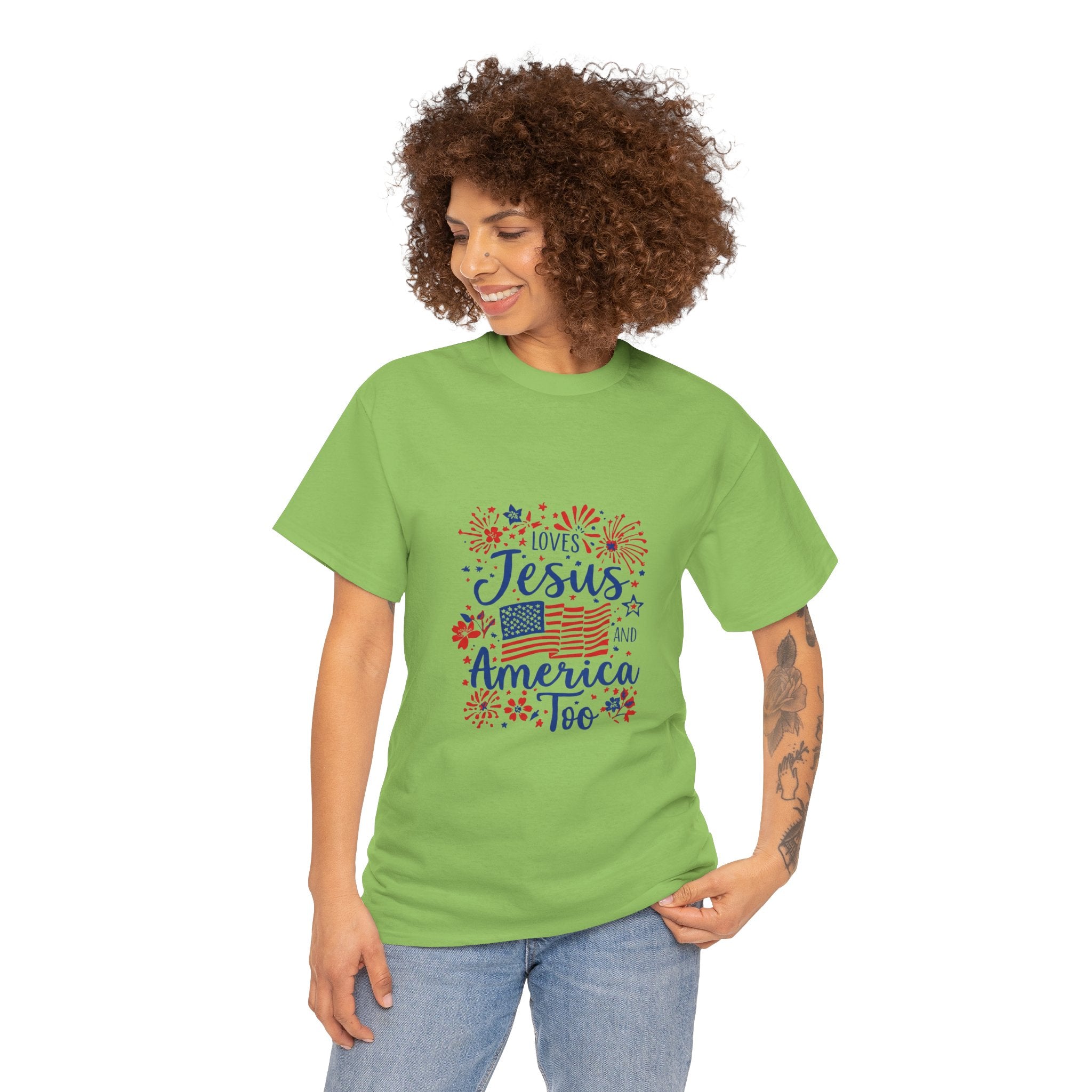 Jesus and America Tee — Patriotic Christian T-Shirt ("Loves Jesus and America Too")
