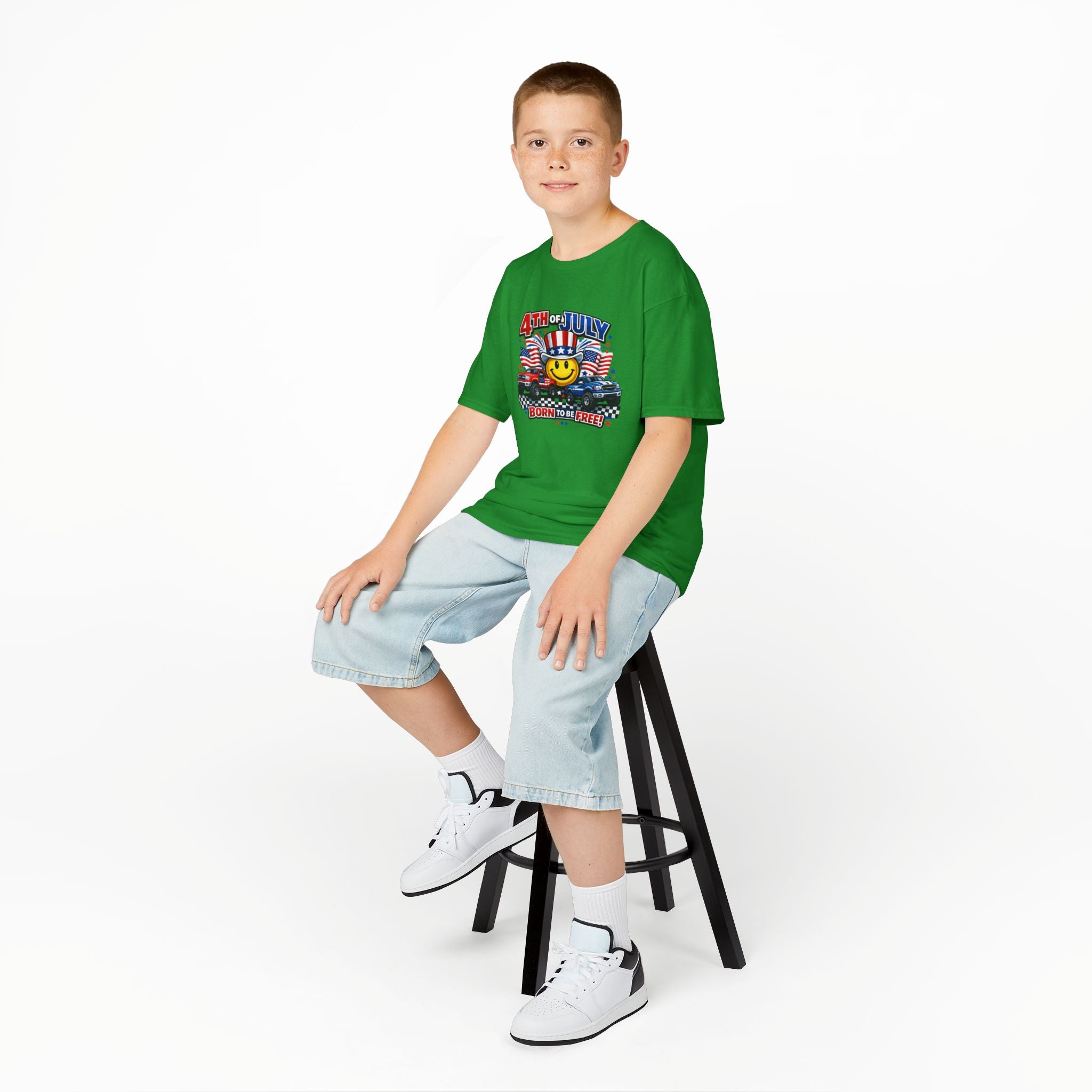 Kids Tee — 4th of July 'Born to Be Free' Smiley Flag Design