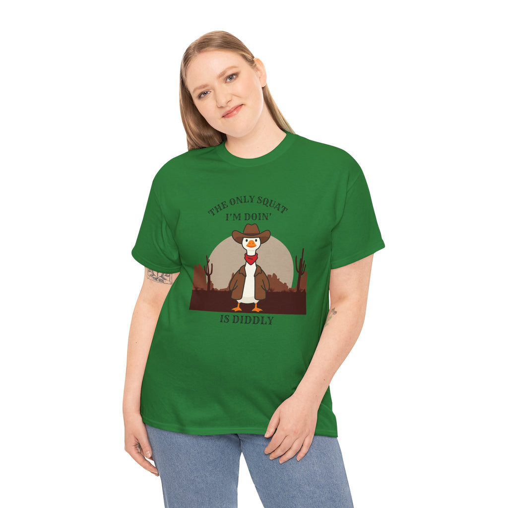 Cowboy Duck Graphic Tee — "The Only Squat I'm Doin' Is Diddly" Cute Western Animal T-Shirt