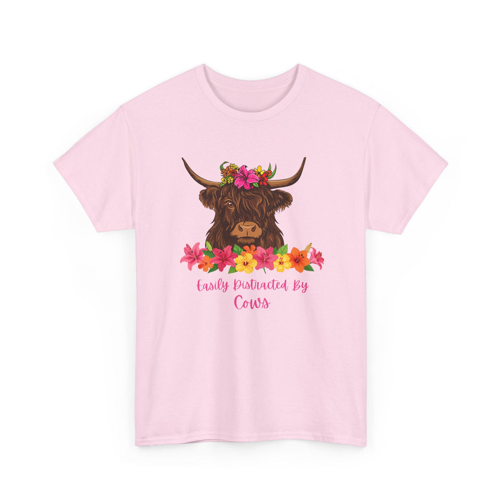 Cow Mom Floral Tee — 'Easily Distracted By Cows' Highland Cow Graphic Shirt