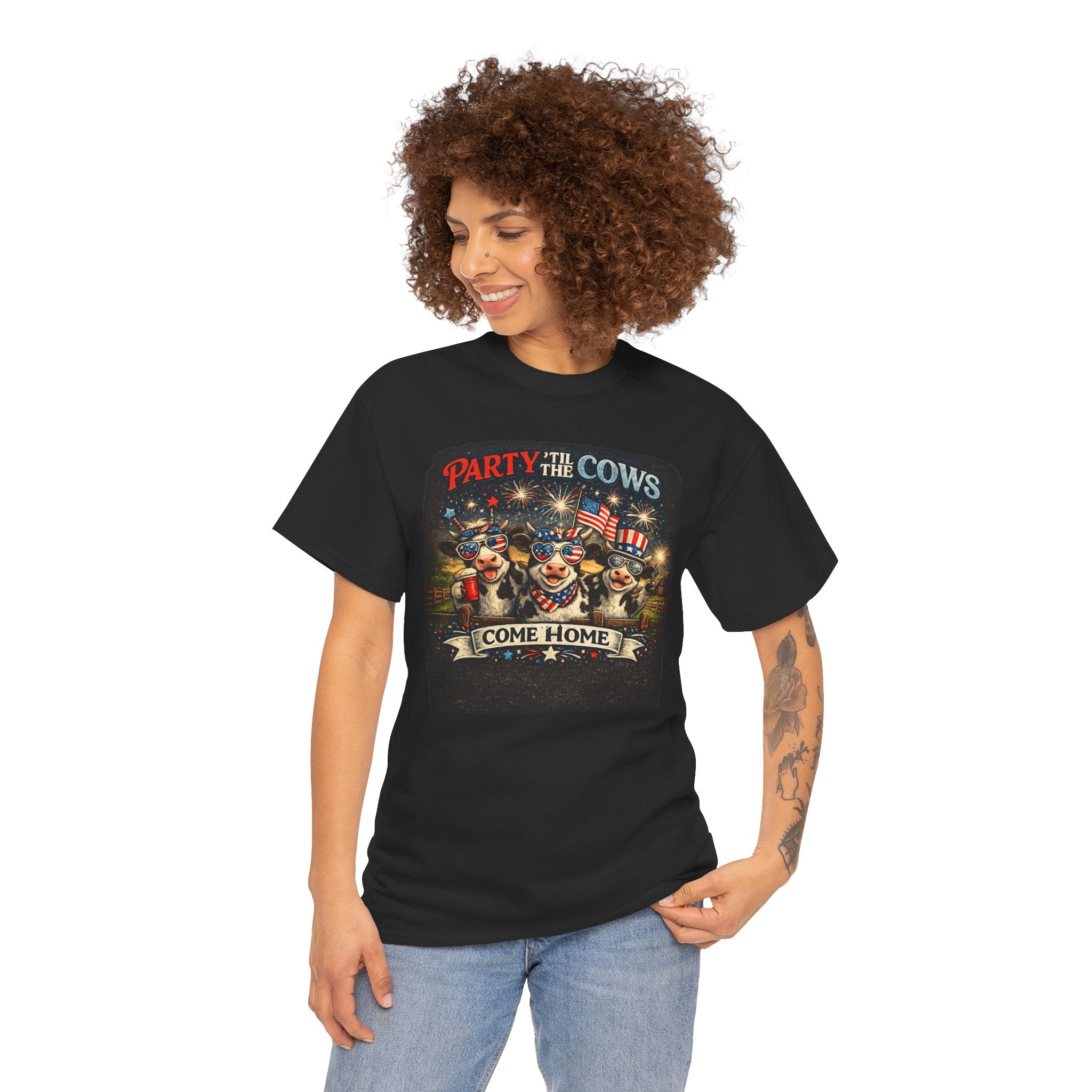 Independence Day 'Party 'Til the Cows Come Home' T-Shirt — Fireworks & Cow Graphic