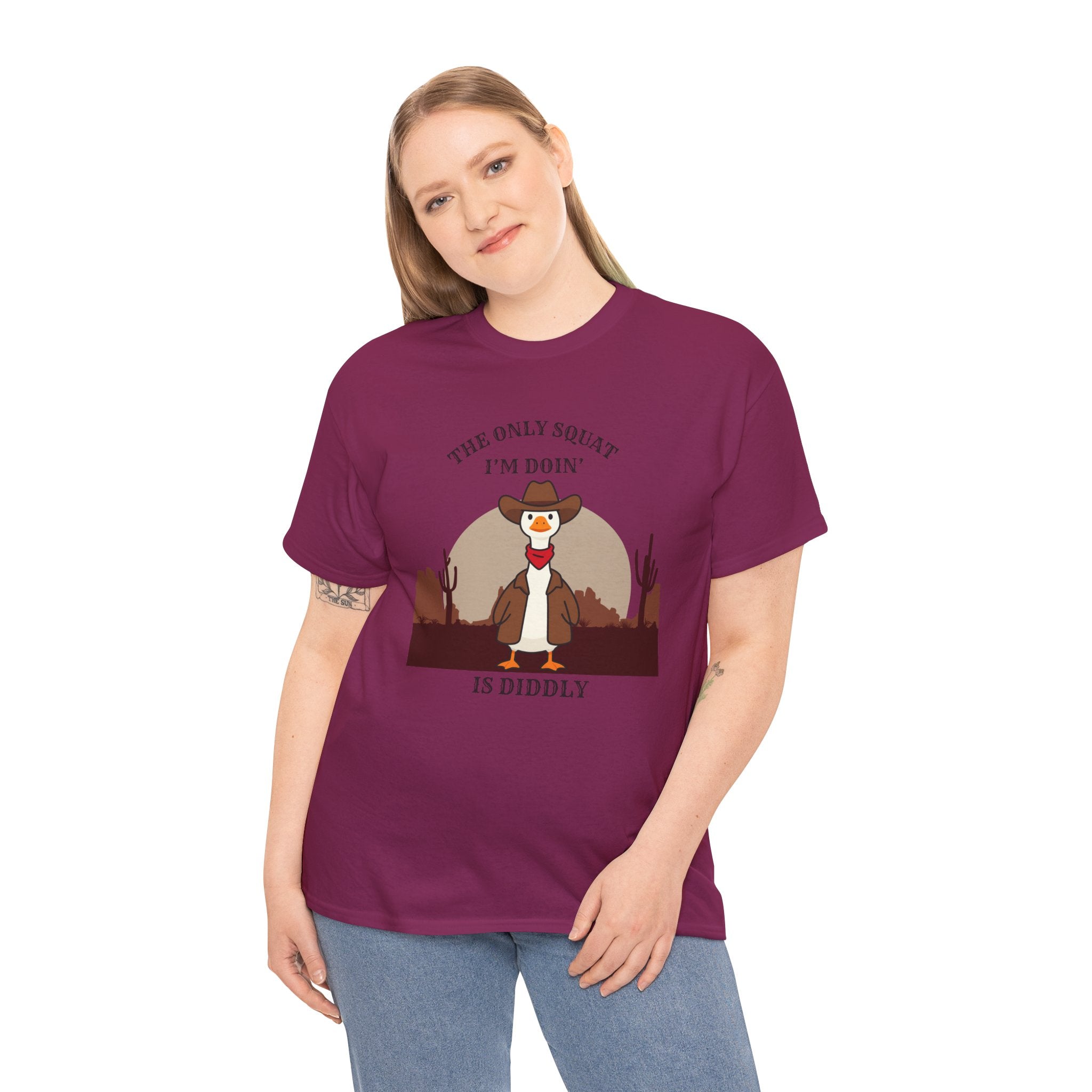 Cowboy Duck Graphic Tee — "The Only Squat I'm Doin' Is Diddly" Cute Western Animal T-Shirt