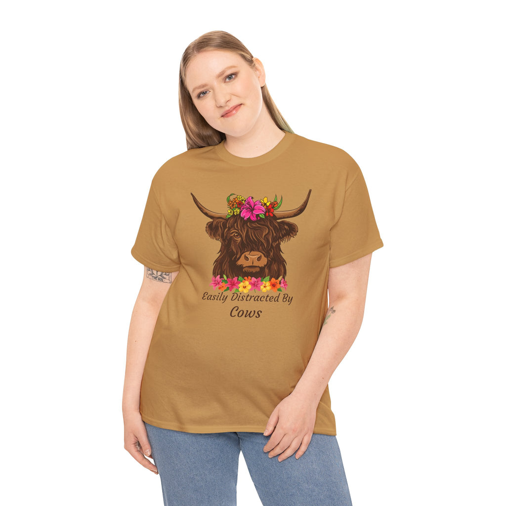 Highland Cow Floral Tee — "Easily Distracted by Cows" Cute Cow Graphic T-Shirt