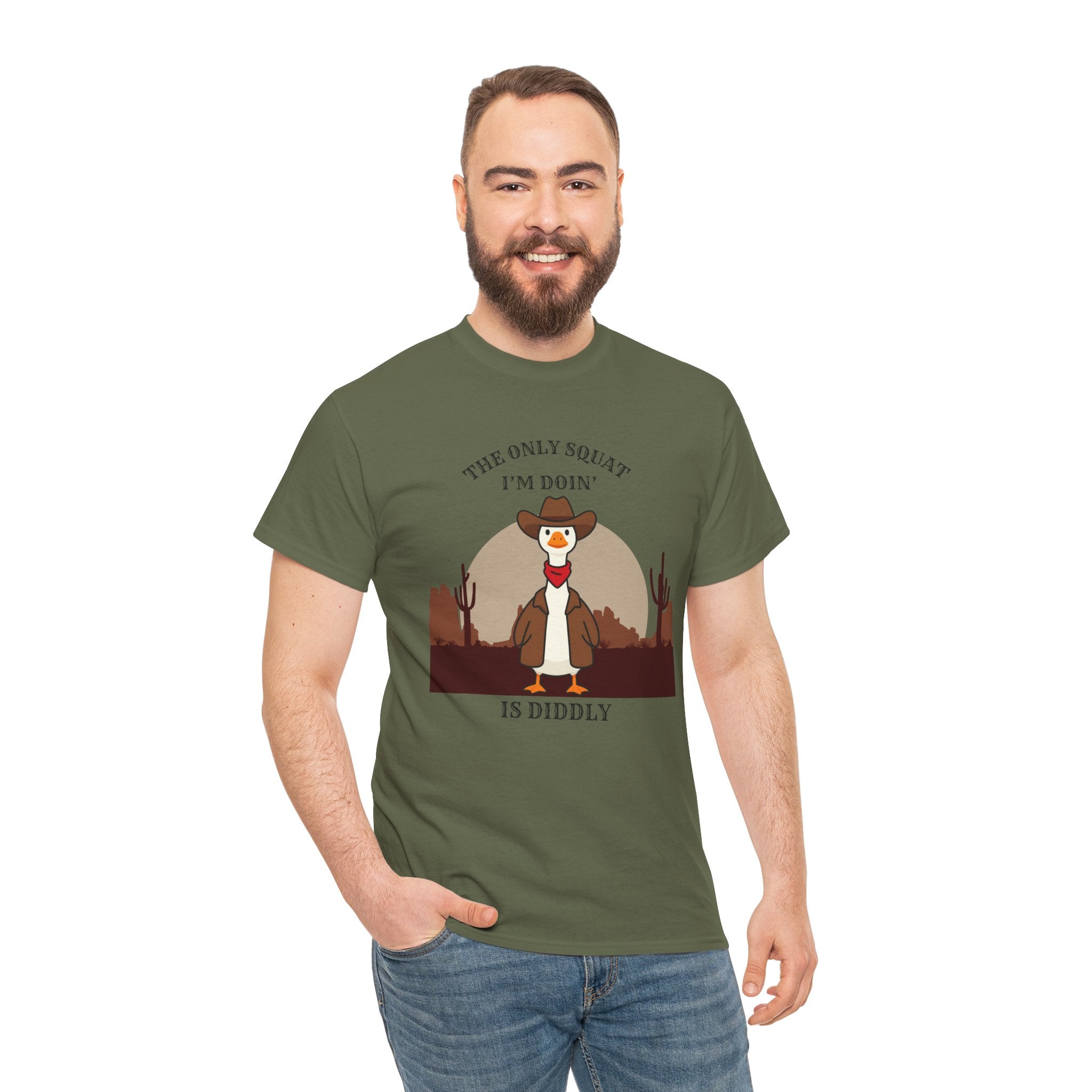Cowboy Duck Graphic Tee — "The Only Squat I'm Doin' Is Diddly" Cute Western Animal T-Shirt