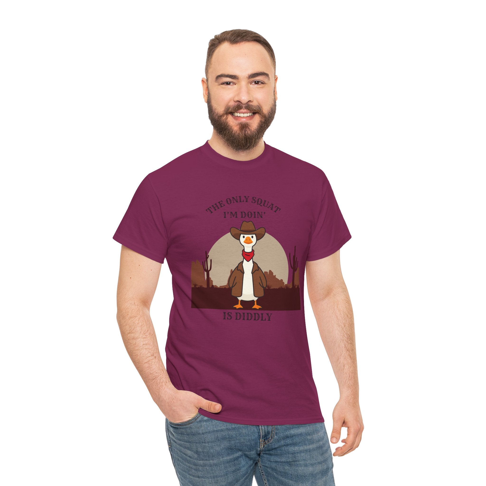 Cowboy Duck Graphic Tee — "The Only Squat I'm Doin' Is Diddly" Cute Western Animal T-Shirt