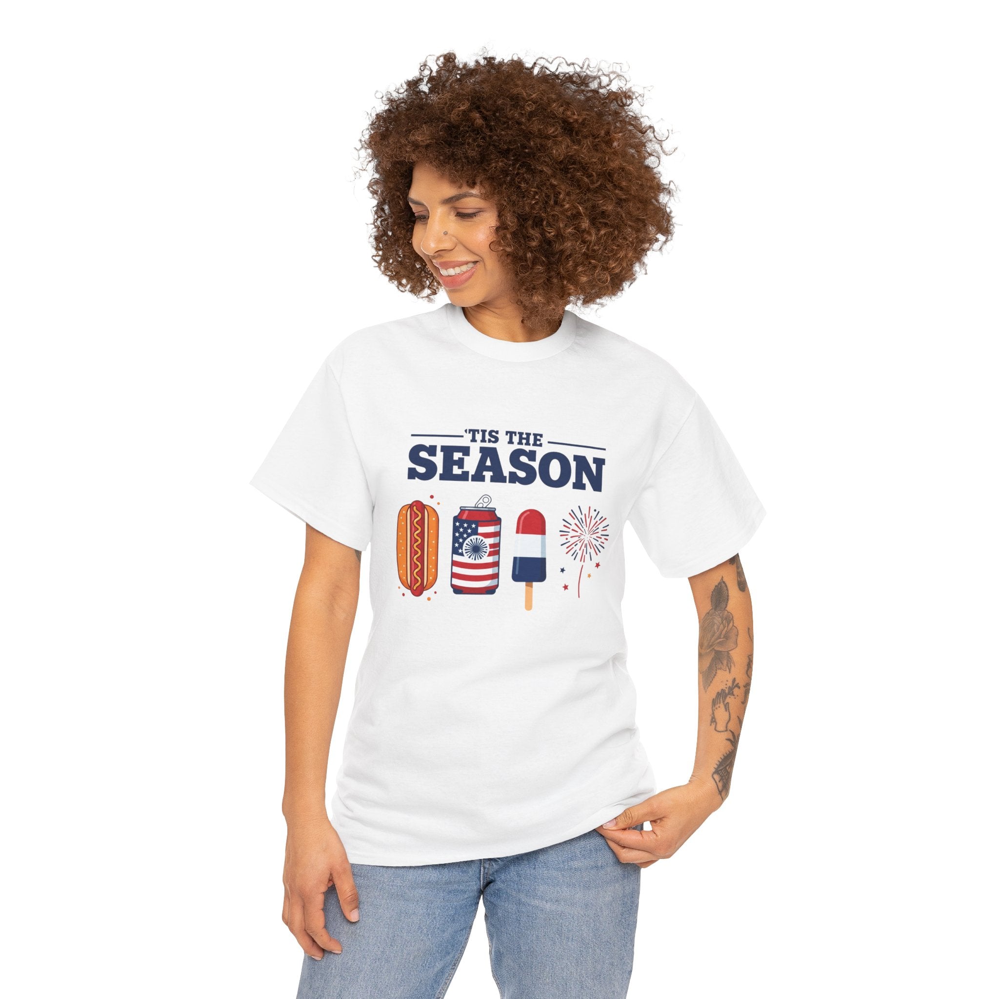 Fourth of July Tee — "'Tis the Season" Patriotic Hot Dog, Popsicle & Fireworks T-Shirt