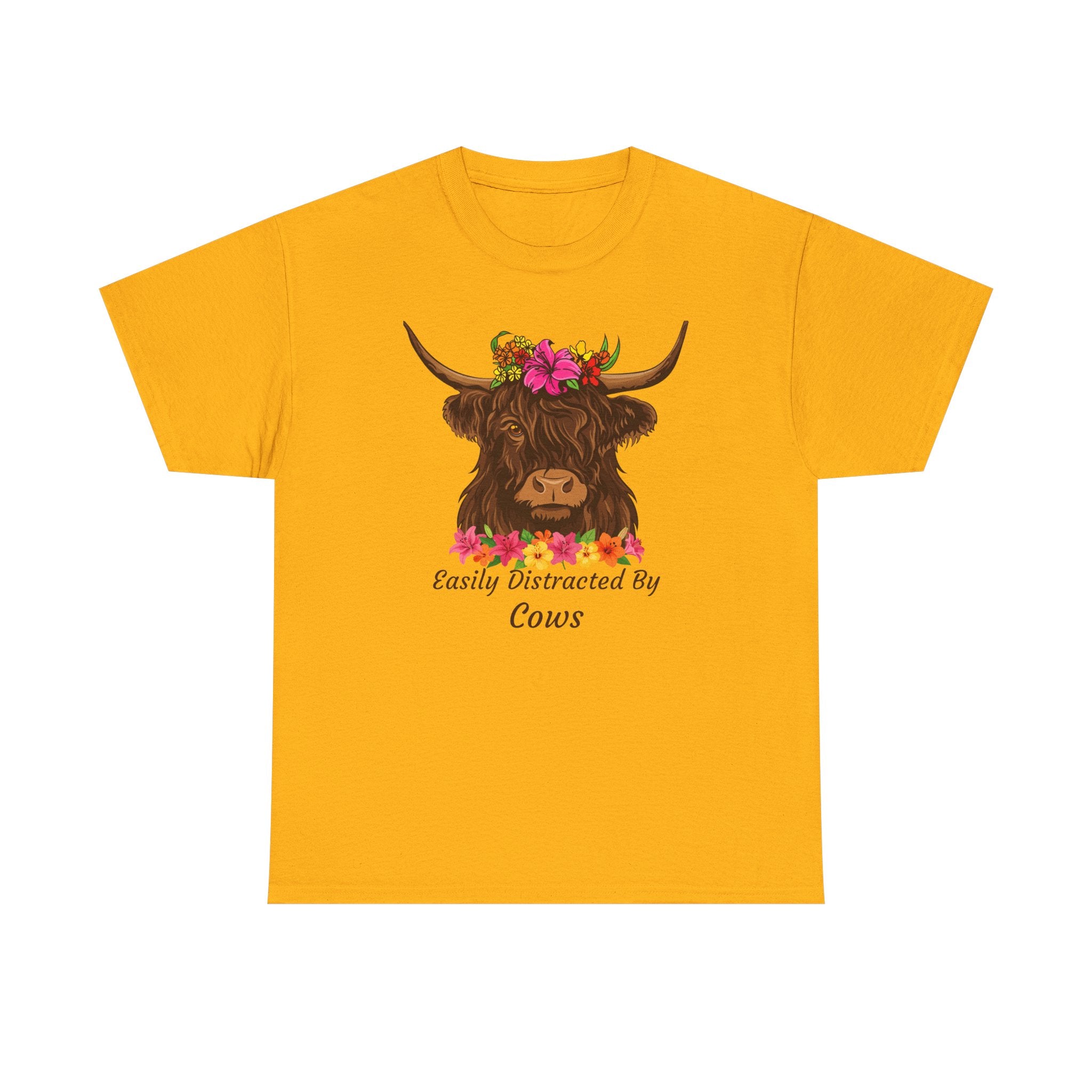 Highland Cow Floral Tee — "Easily Distracted by Cows" Cute Cow Graphic T-Shirt