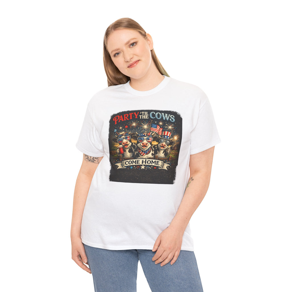 Independence Day 'Party 'Til the Cows Come Home' T-Shirt — Fireworks & Cow Graphic