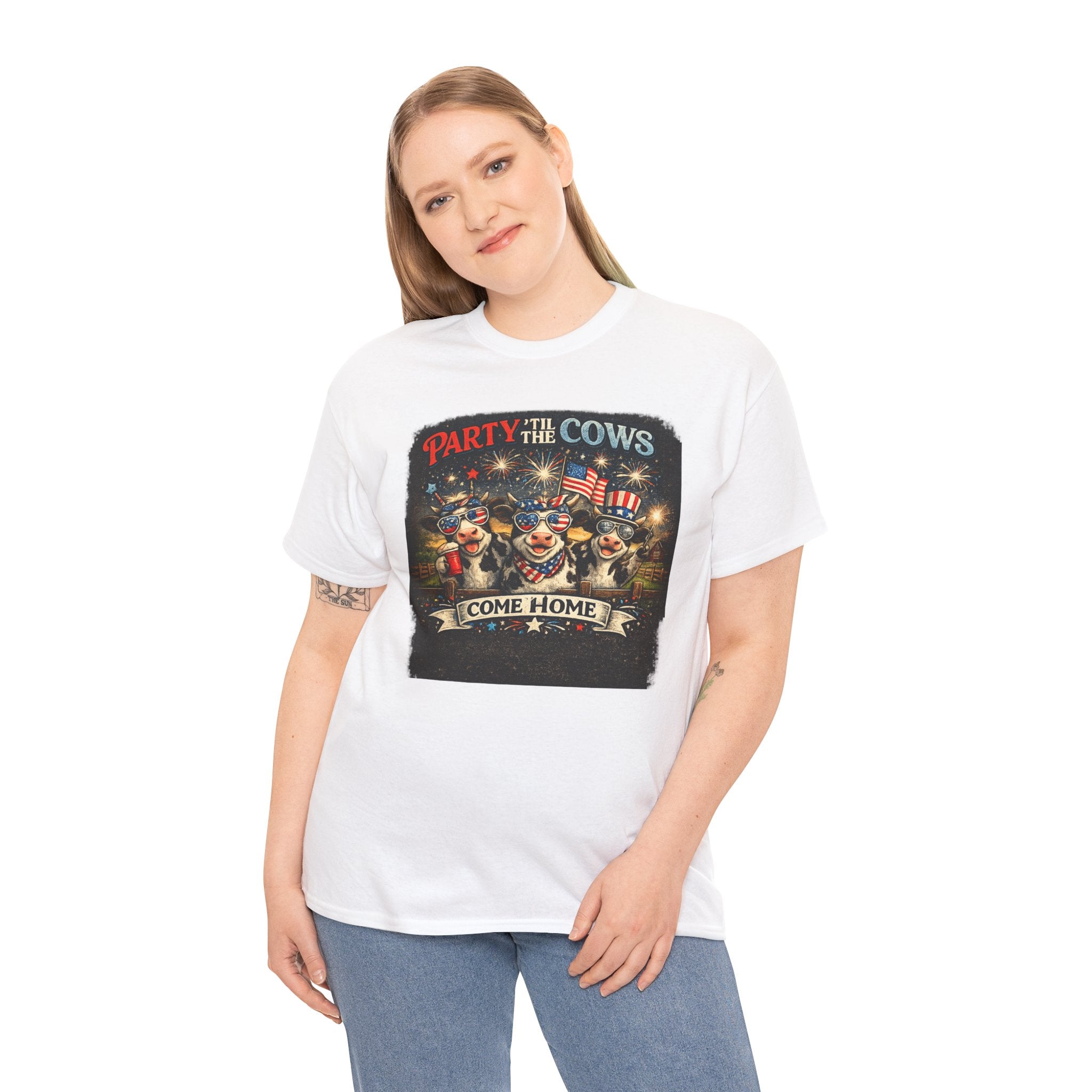 Independence Day 'Party 'Til the Cows Come Home' T-Shirt — Fireworks & Cow Graphic