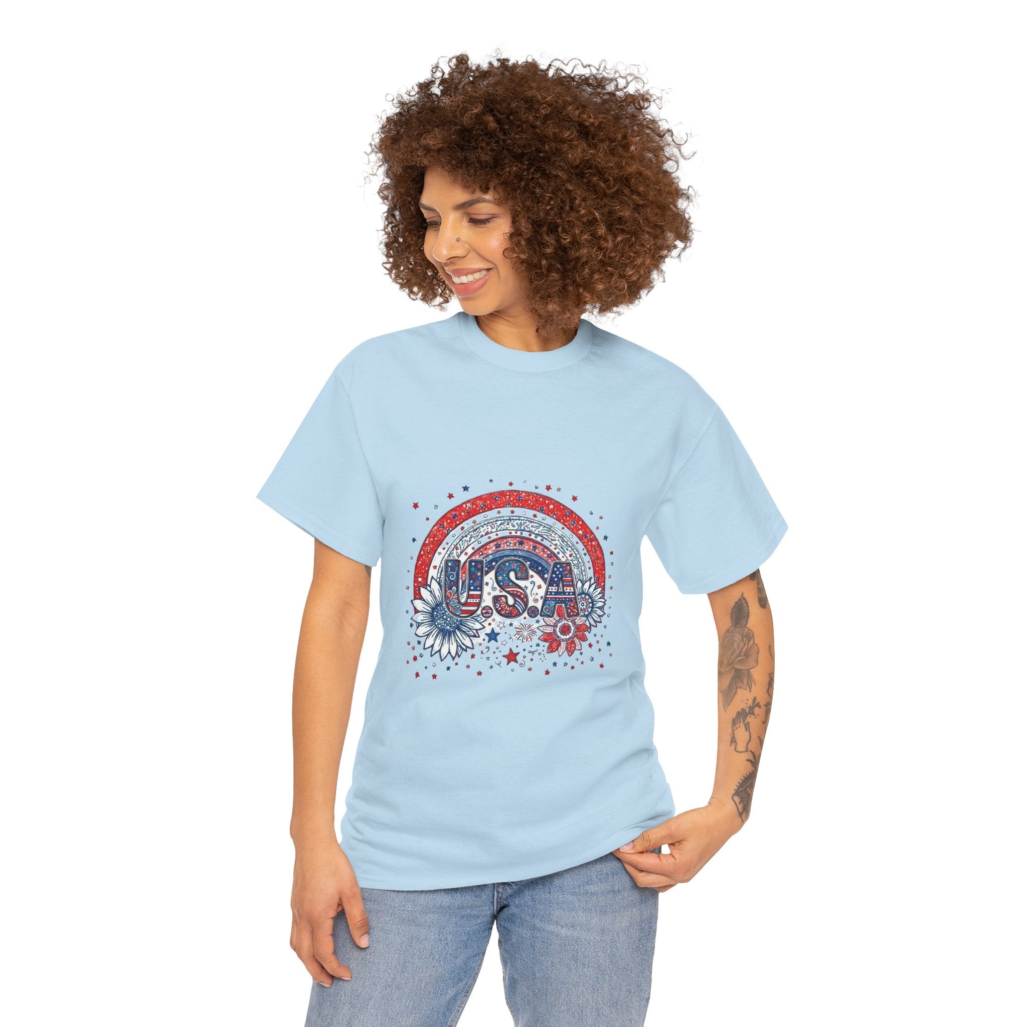 USA Retro Rainbow T-Shirt — Patriotic Fourth of July Tee with Stars & Flowers