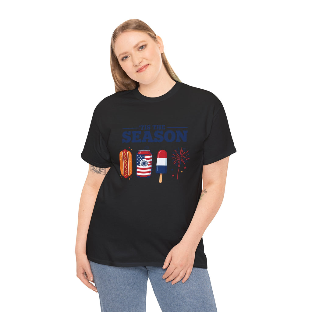 Fourth of July Tee — "'Tis the Season" Patriotic Hot Dog, Popsicle & Fireworks T-Shirt